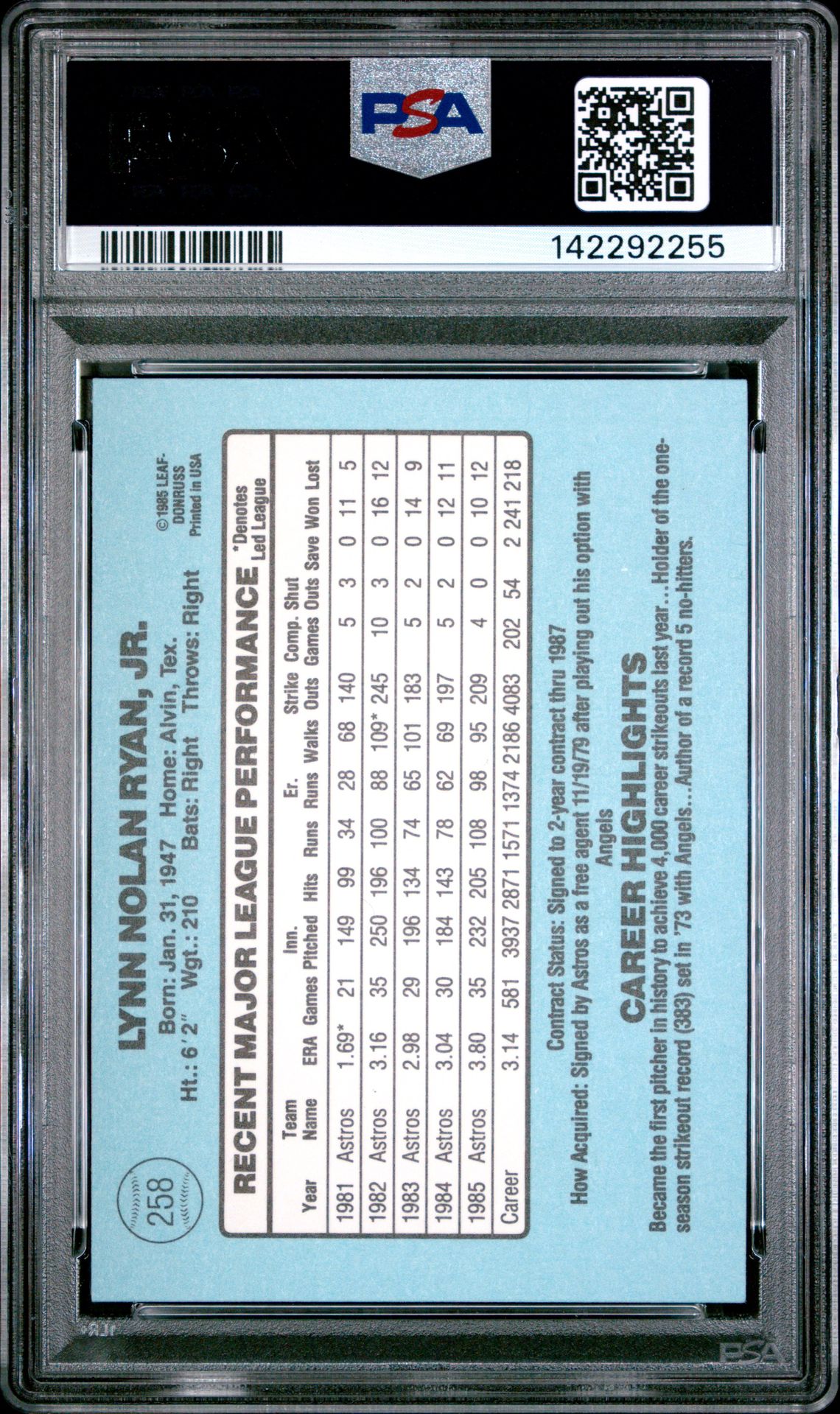 1986 Donruss Nolan Ryan #258 Mint 9 back