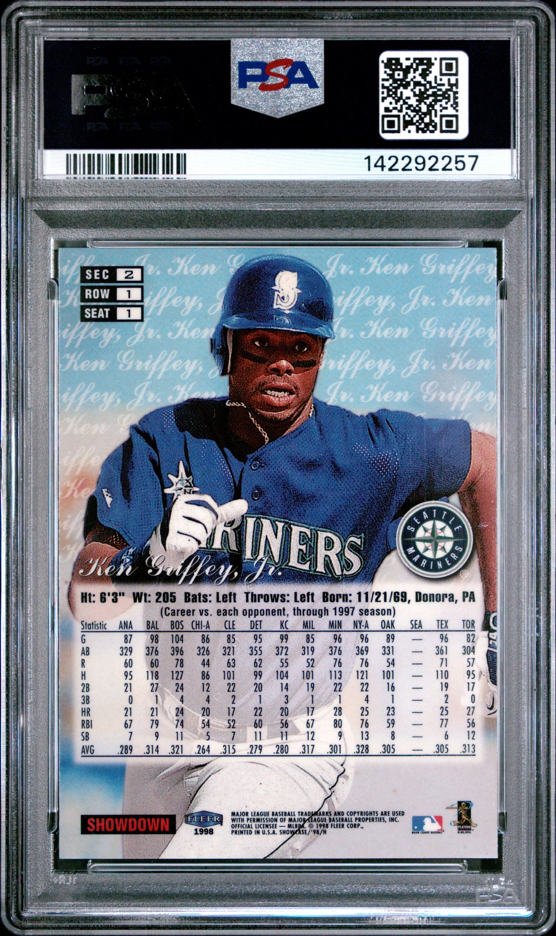 1998 Flair Showcase Ken Griffey Jr. #1 (Row 1) Mint 9 back