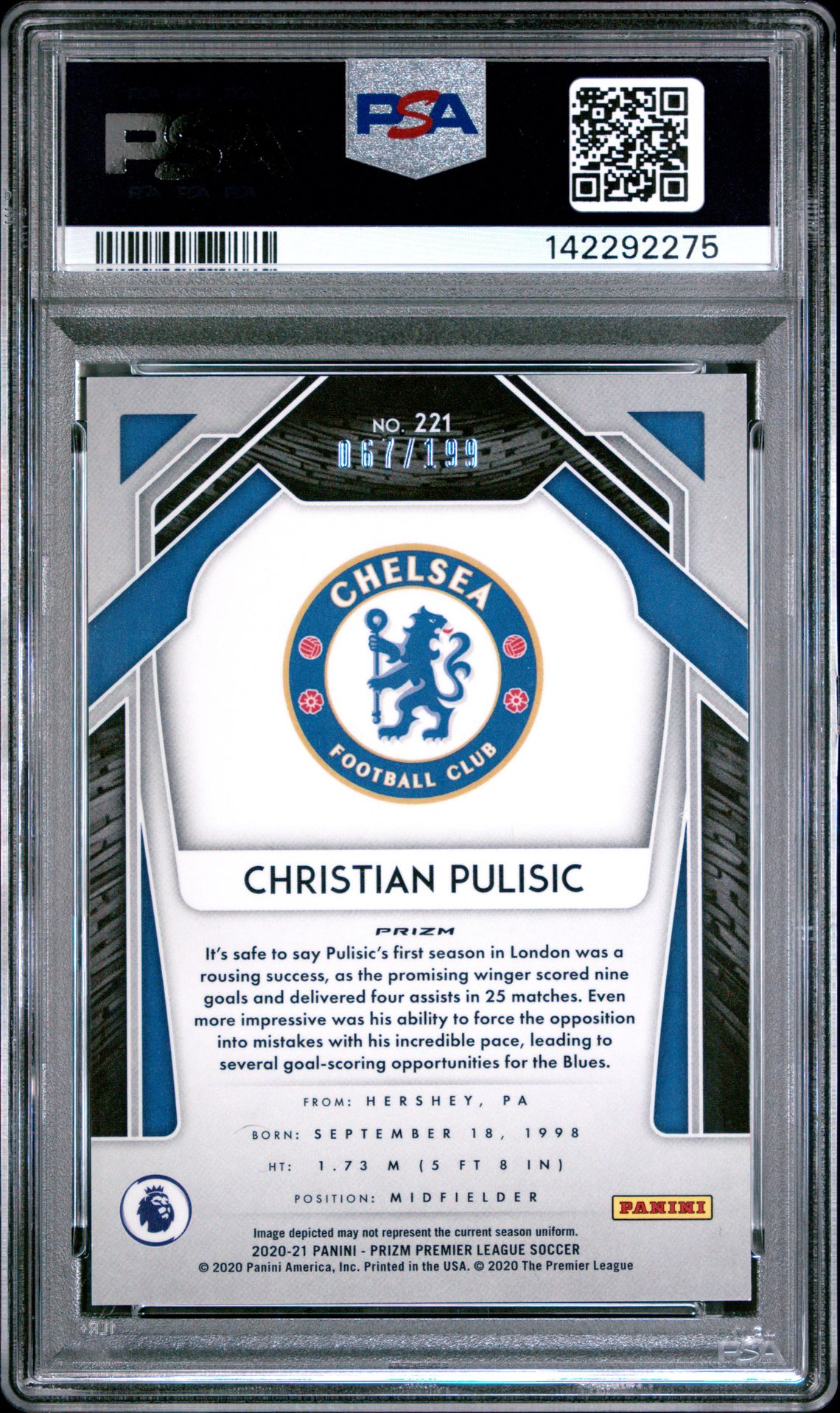 2020 Panini Prizm Premier League Christian Pulisic #221 (Blue Prizm) Mint 9 back