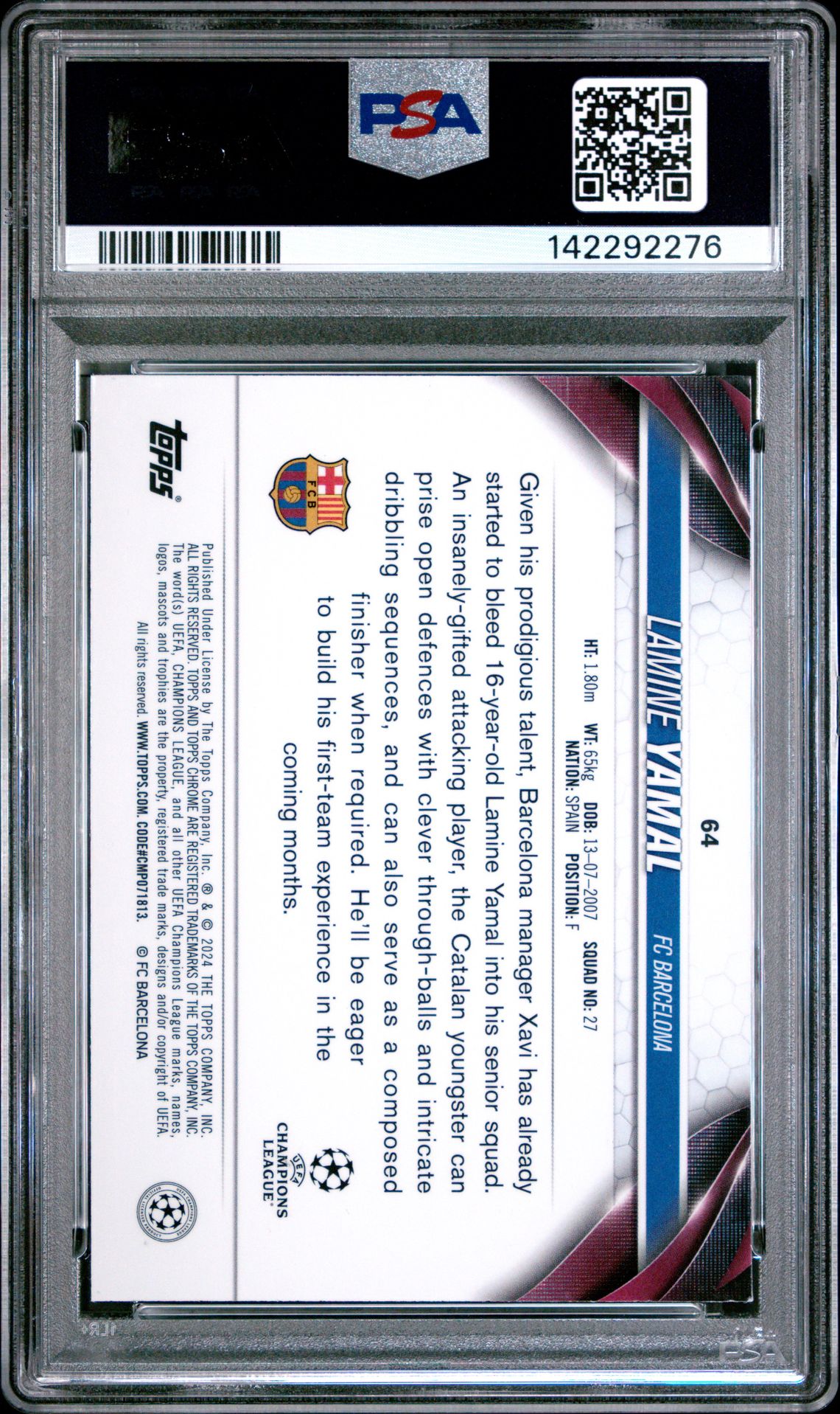 2023-24 Topps Chrome Uefa Club Competitions Lamine Yamal #64 (Prism Refractor) Mint 9 back
