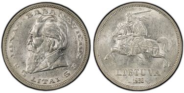 1936 5 Litai Jonas Basanavičius ↑↑ KM-82  Ag AU58
