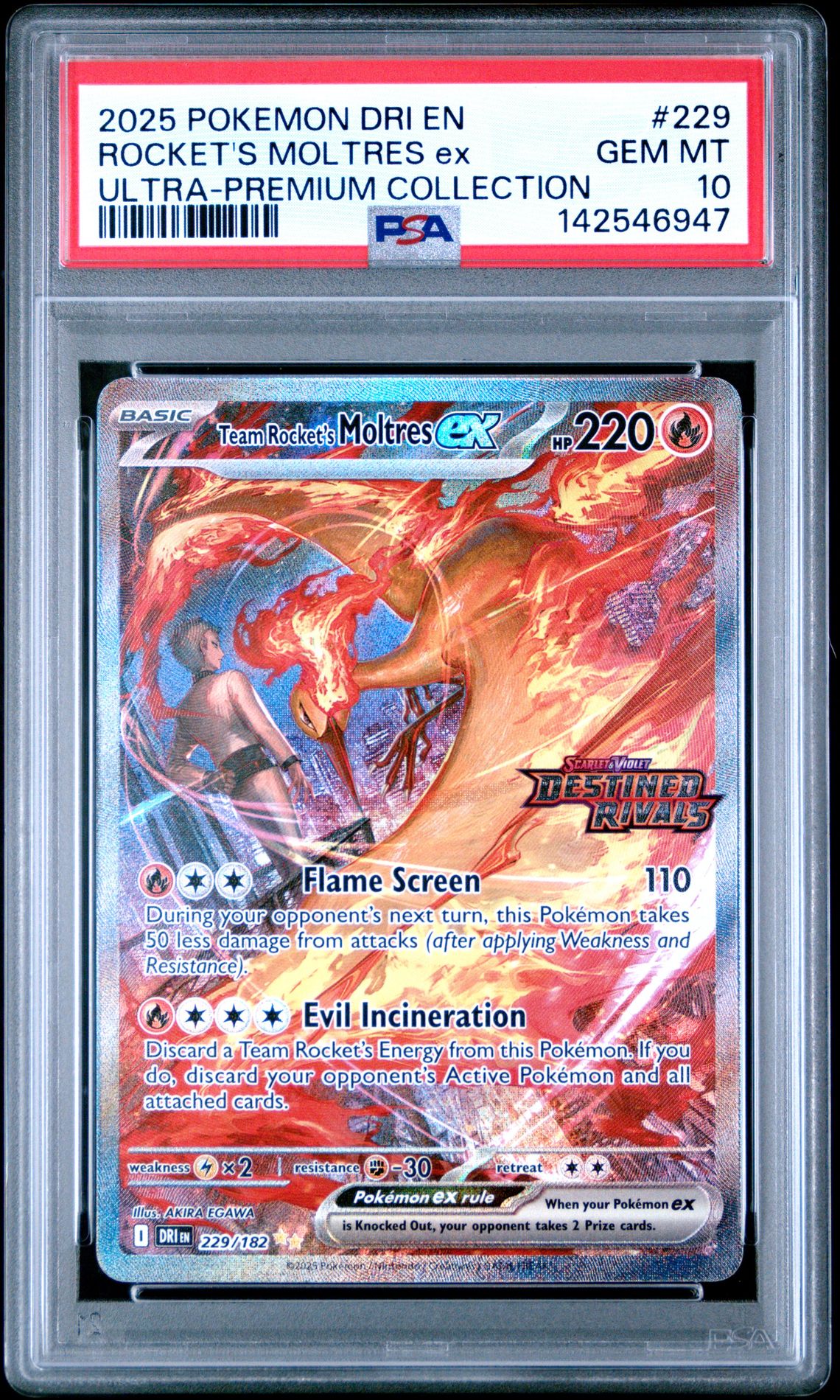 2025 Pokemon Dri En-Destined Rivals Rocket's Moltres Ex #229 (Ultra-Premium Collection) Gem Mt 10 front
