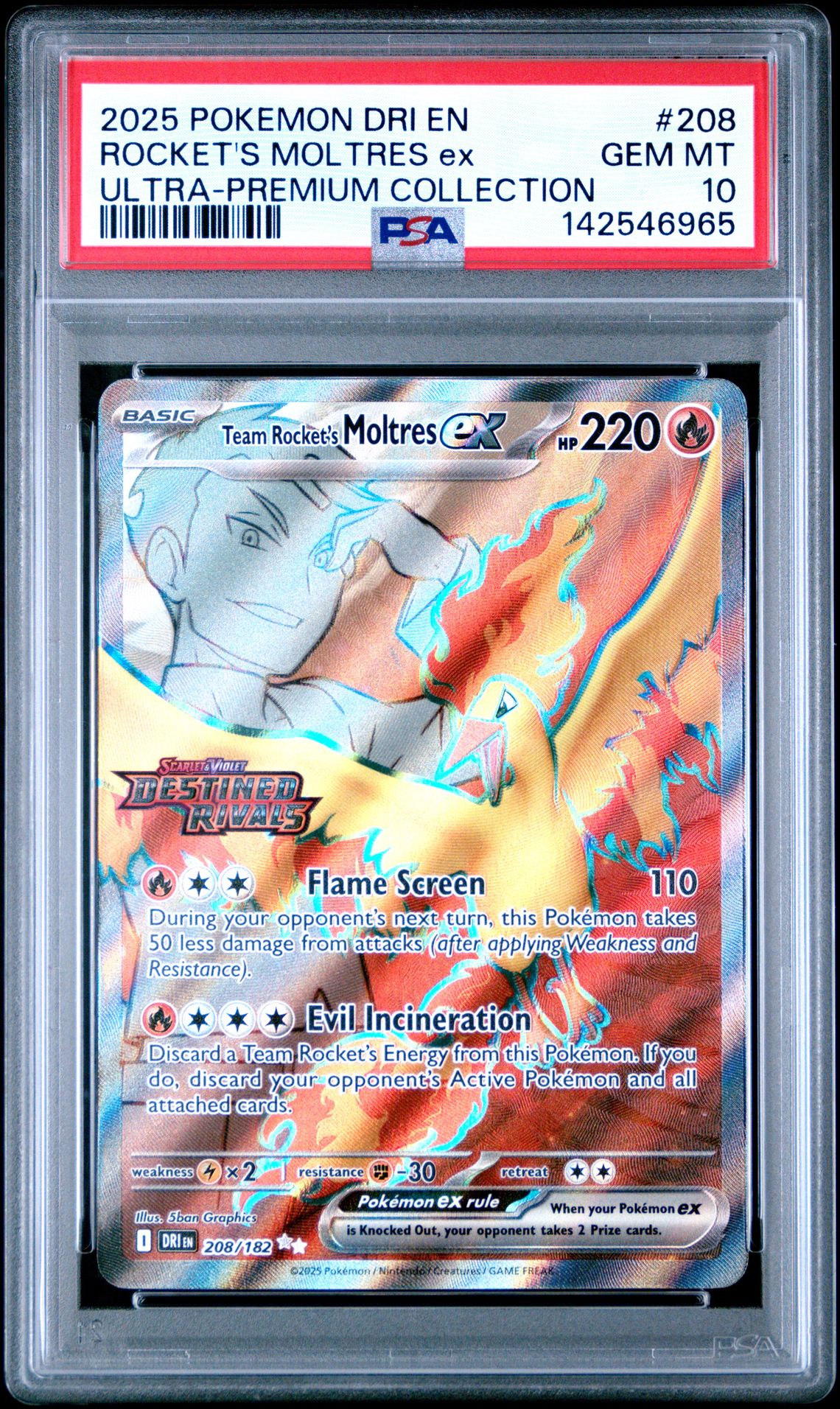 2025 Pokemon Dri En-Destined Rivals Rocket's Moltres Ex #208 (Ultra-Premium Collection) Gem Mt 10 front