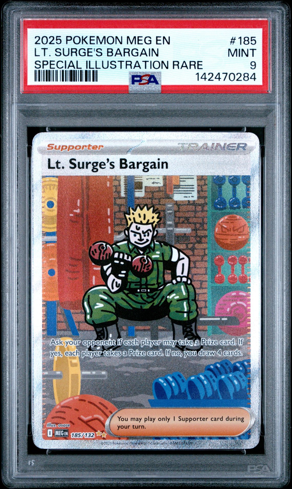 2025 Pokemon Meg En-Mega Evolution Lt. Surge's Bargain #185 (Special Illustration Rare) Mint 9 front
