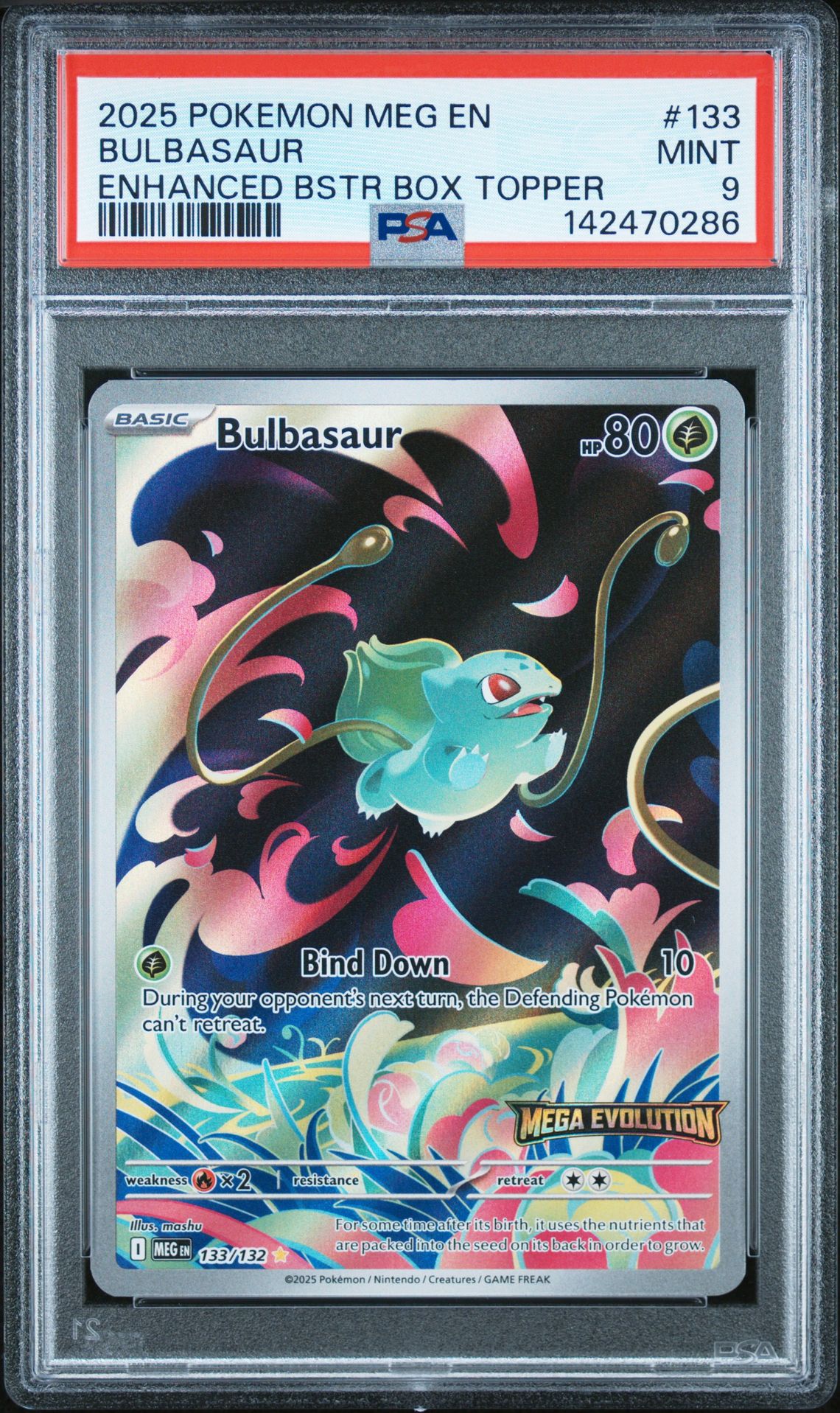 2025 Pokemon Meg En-Mega Evolution Bulbasaur #133 (Enhanced Bstr Box Topper) Mint 9 front