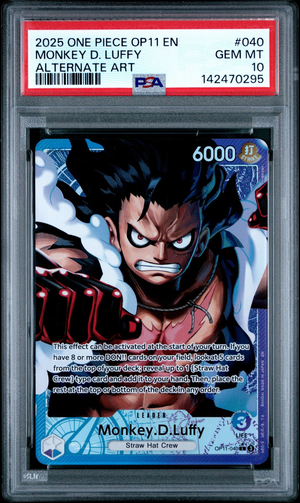 2025 One Piece Op11-A Fist Of Divine Speed Monkey D. Luffy #040 (Alternate Art) Gem Mt 10 front view - PSA graded GEM MT 10