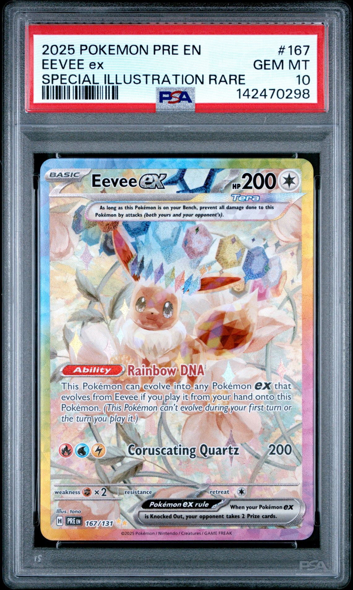 2025 Pokemon Pre En-Prismatic Evolutions Eevee Ex #167 (Special Illustration Rare) Gem Mt 10 front view - PSA graded GEM MT 10