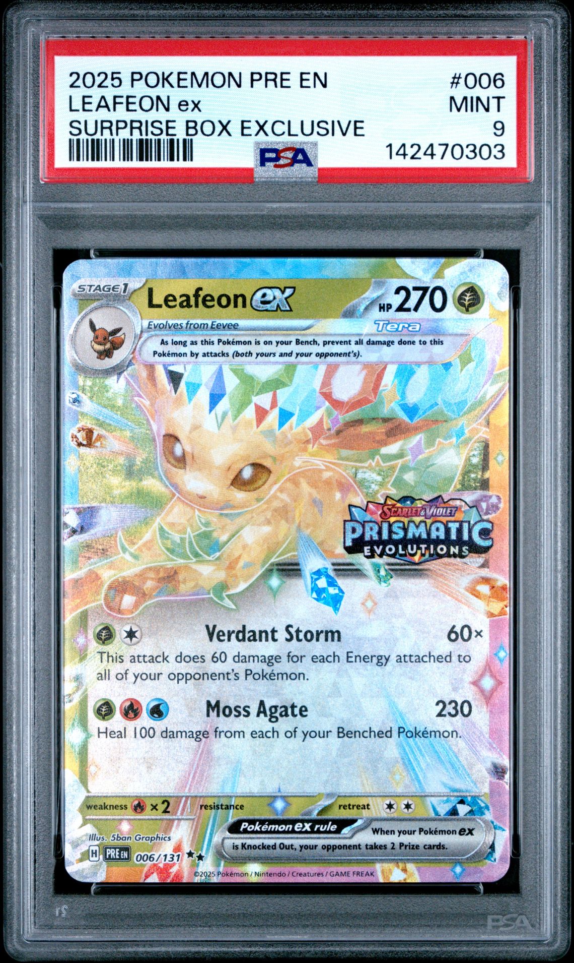2025 Pokemon Pre En-Prismatic Evolutions Leafeon Ex #006 (Surprise Box Exclusive) Mint 9 front