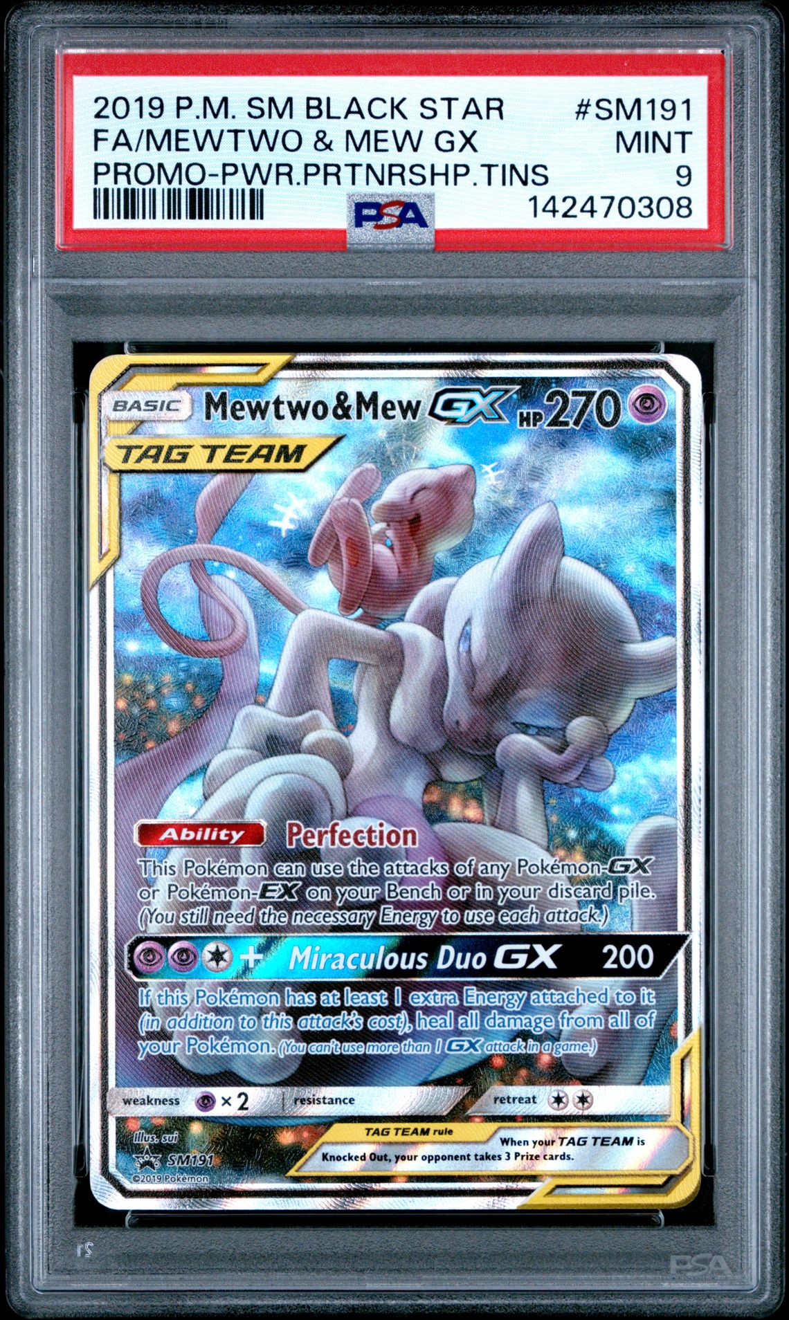 2019 Pokemon Sm Black Star Promo Fa/Mewtwo & Mew Gx #Sm191 (Promo-Pwr.prtnrshp.tins) Mint 9 front