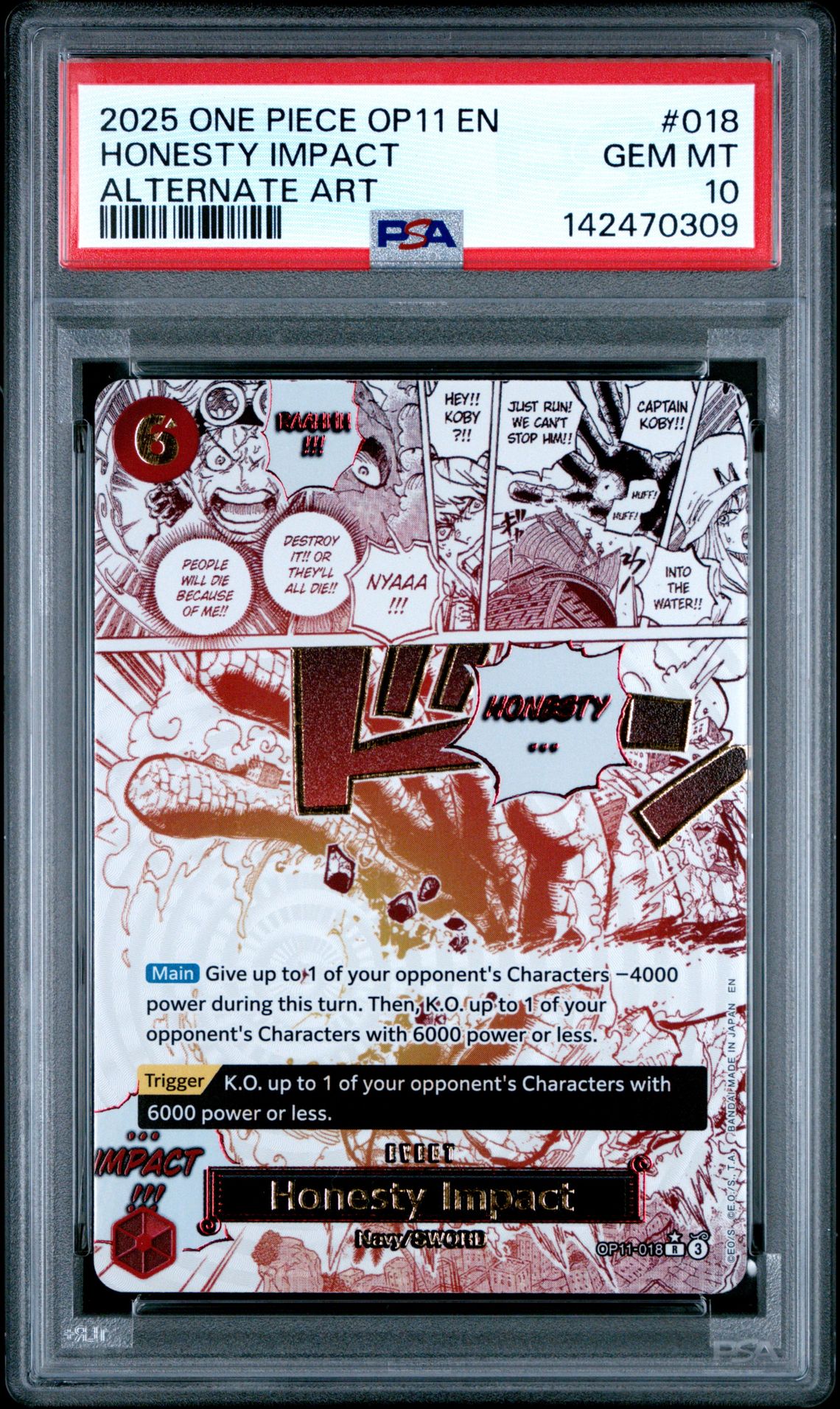 2025 One Piece Op11-A Fist Of Divine Speed Honesty Impact #018 (Alternate Art) Gem Mt 10 front view - PSA graded GEM MT 10