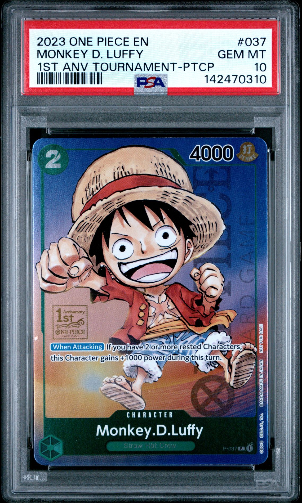 2023 One Piece Promos Monkey D. Luffy #037 (1St Anv Tournament-Ptcp) Gem Mt 10 front view - PSA graded GEM MT 10