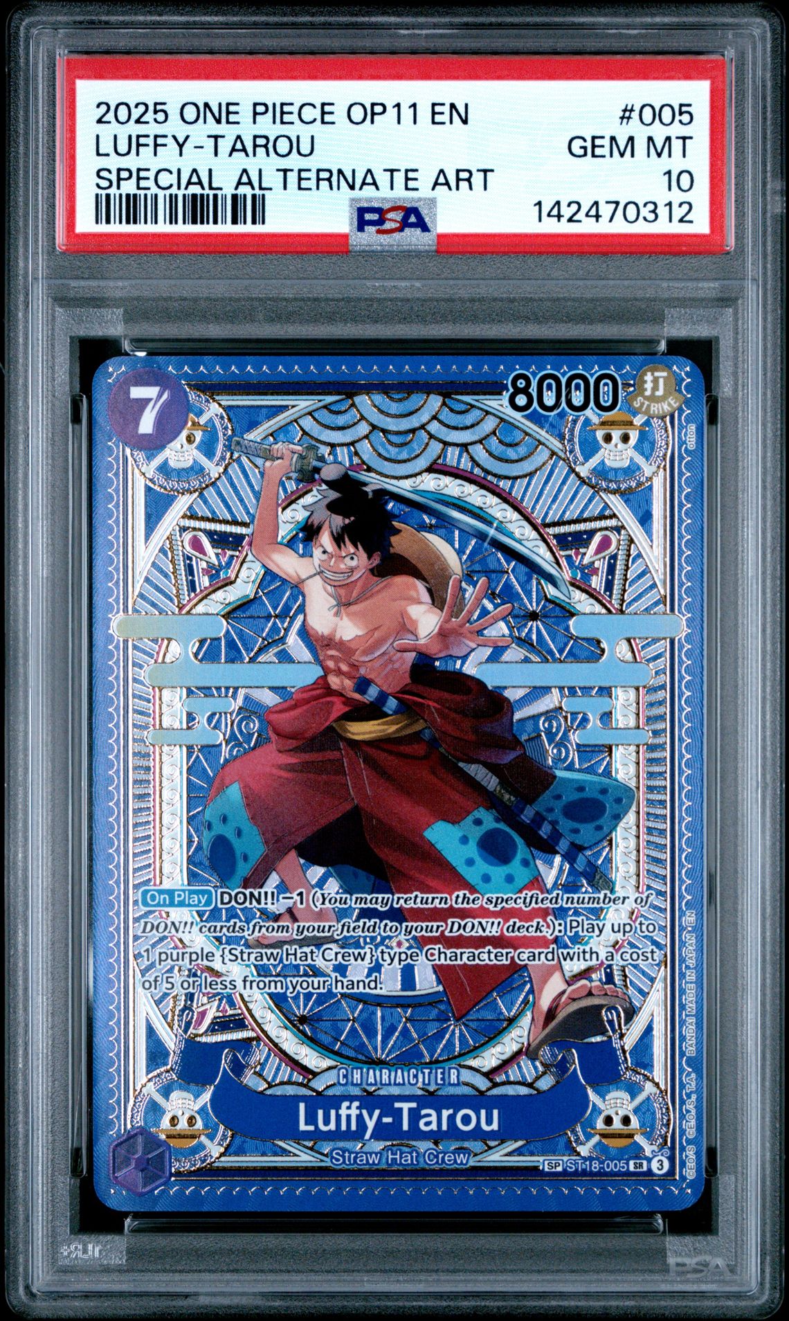 2025 One Piece Op11-A Fist Of Divine Speed Luffy-Tarou #005 (Special Alternate Art) Gem Mt 10 front view - PSA graded GEM MT 10