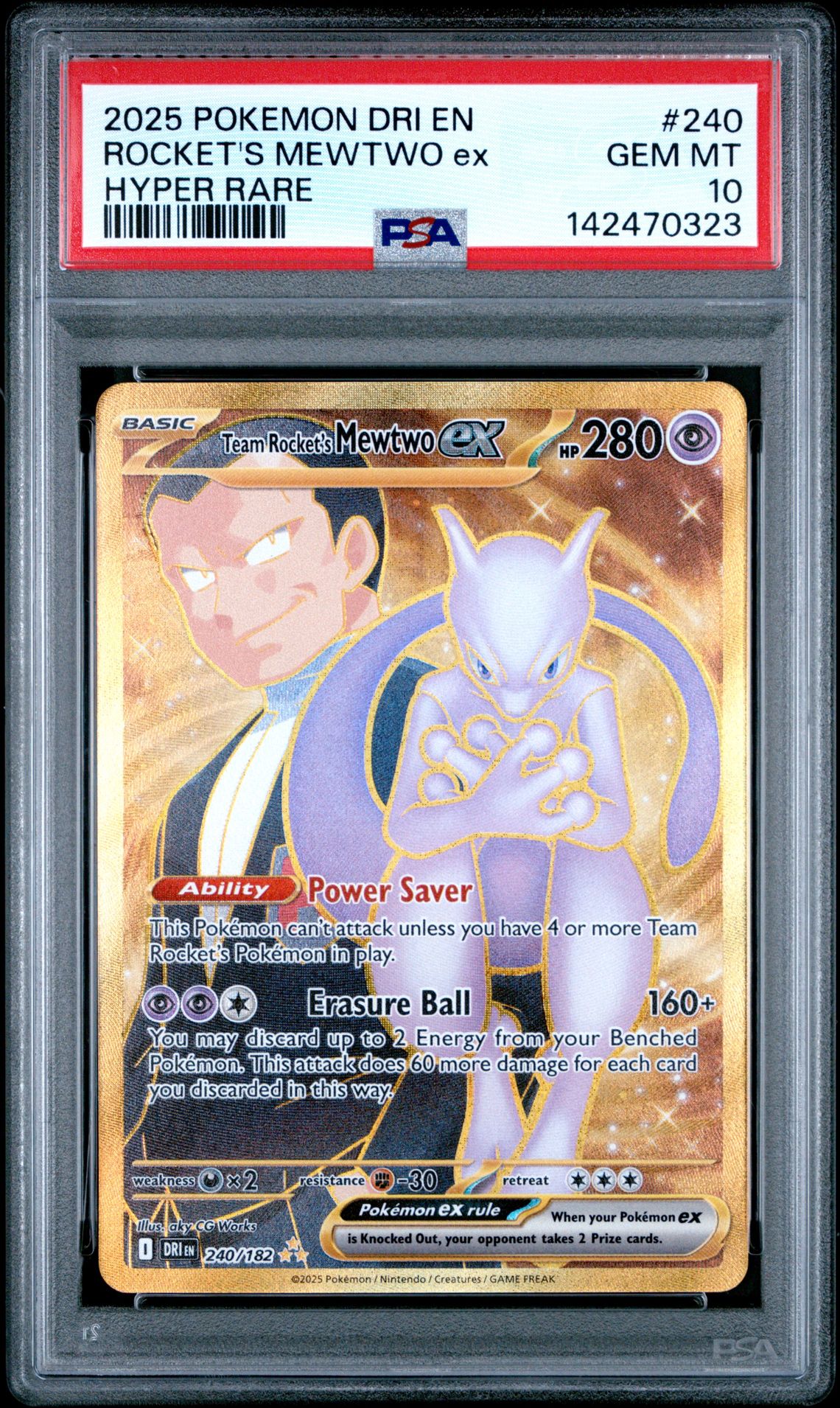 2025 Pokemon Dri En-Destined Rivals Rocket's Mewtwo Ex #240 (Hyper Rare) Gem Mt 10 front view - PSA graded GEM MT 10
