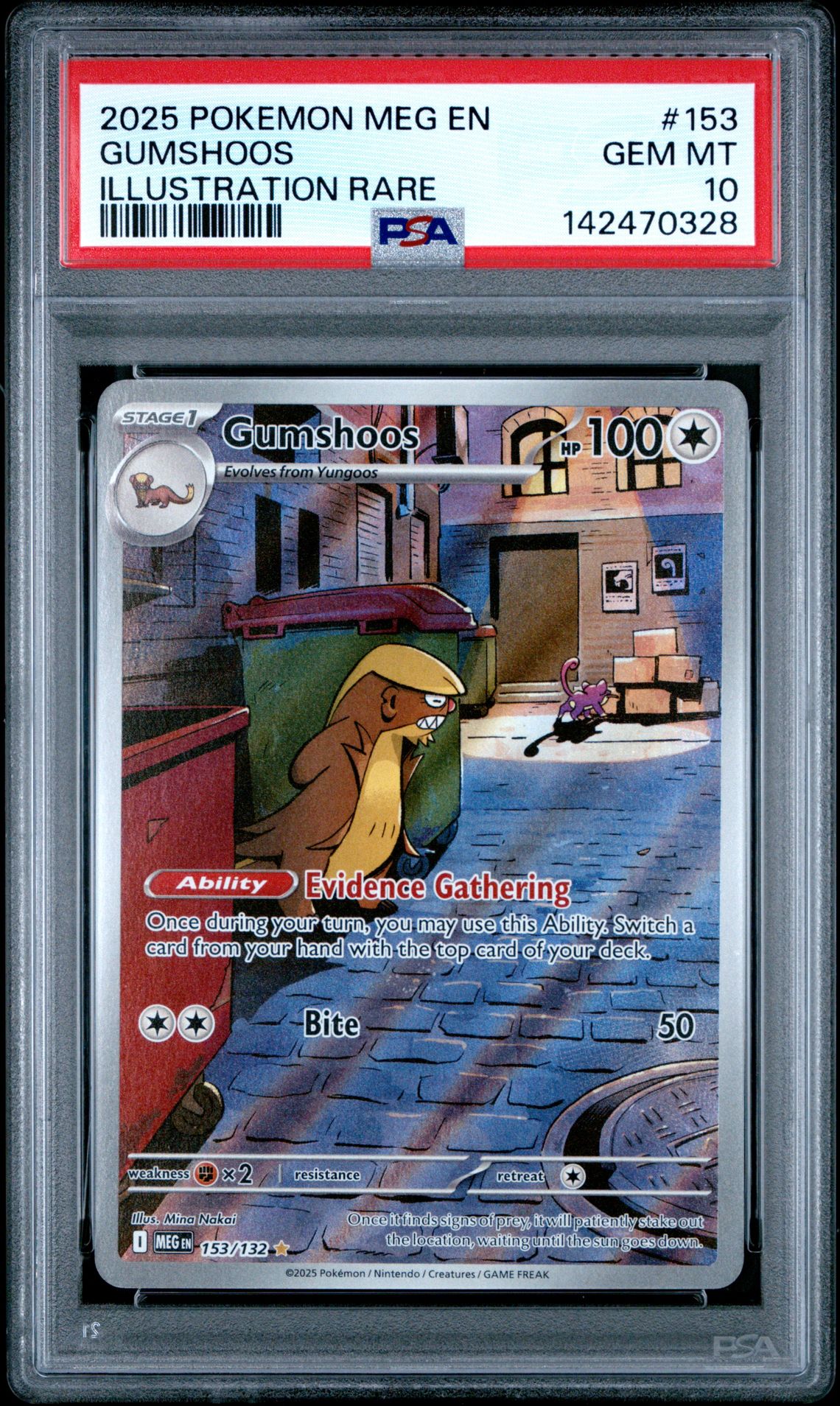 2025 Pokemon Meg En-Mega Evolution Gumshoos #153 (Illustration Rare) Gem Mt 10 front