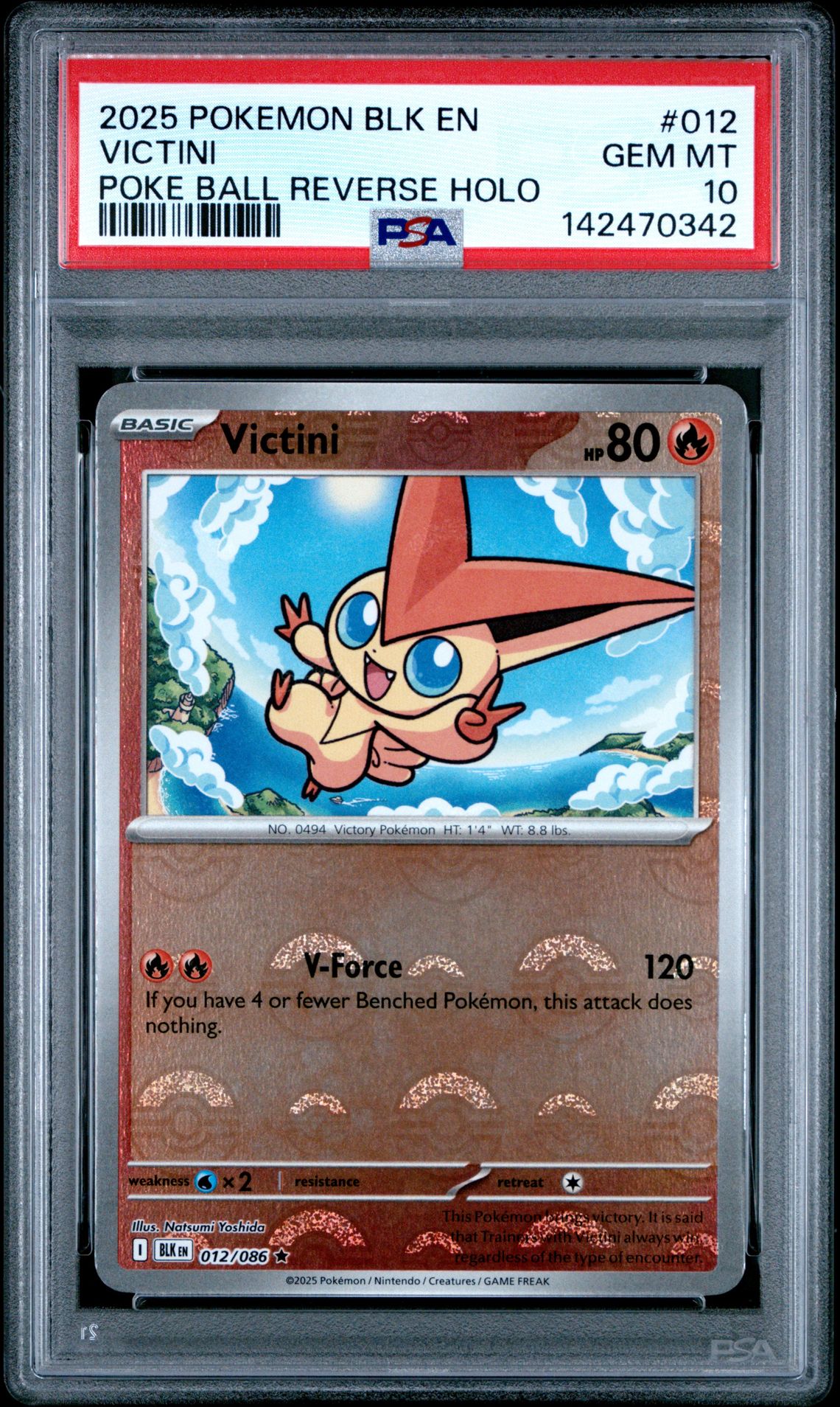 2025 Pokemon Blk En-Black Bolt Victini #012 (Poke Ball Reverse Holo) Gem Mt 10 front