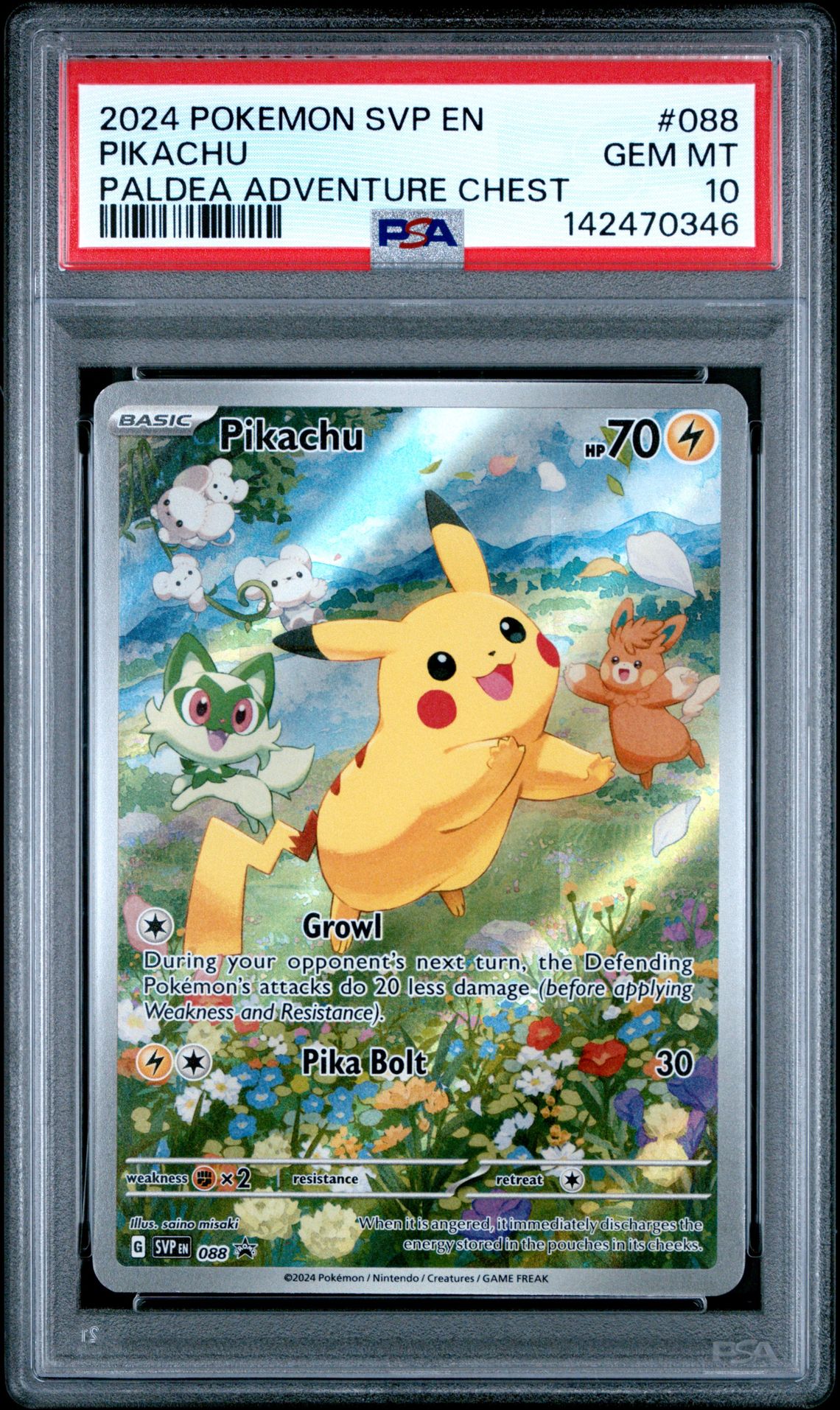 2024 Pokemon Svp En-Sv Black Star Promo Pikachu #088 (Paldea Adventure Chest) Gem Mt 10 front view - PSA graded GEM MT 10