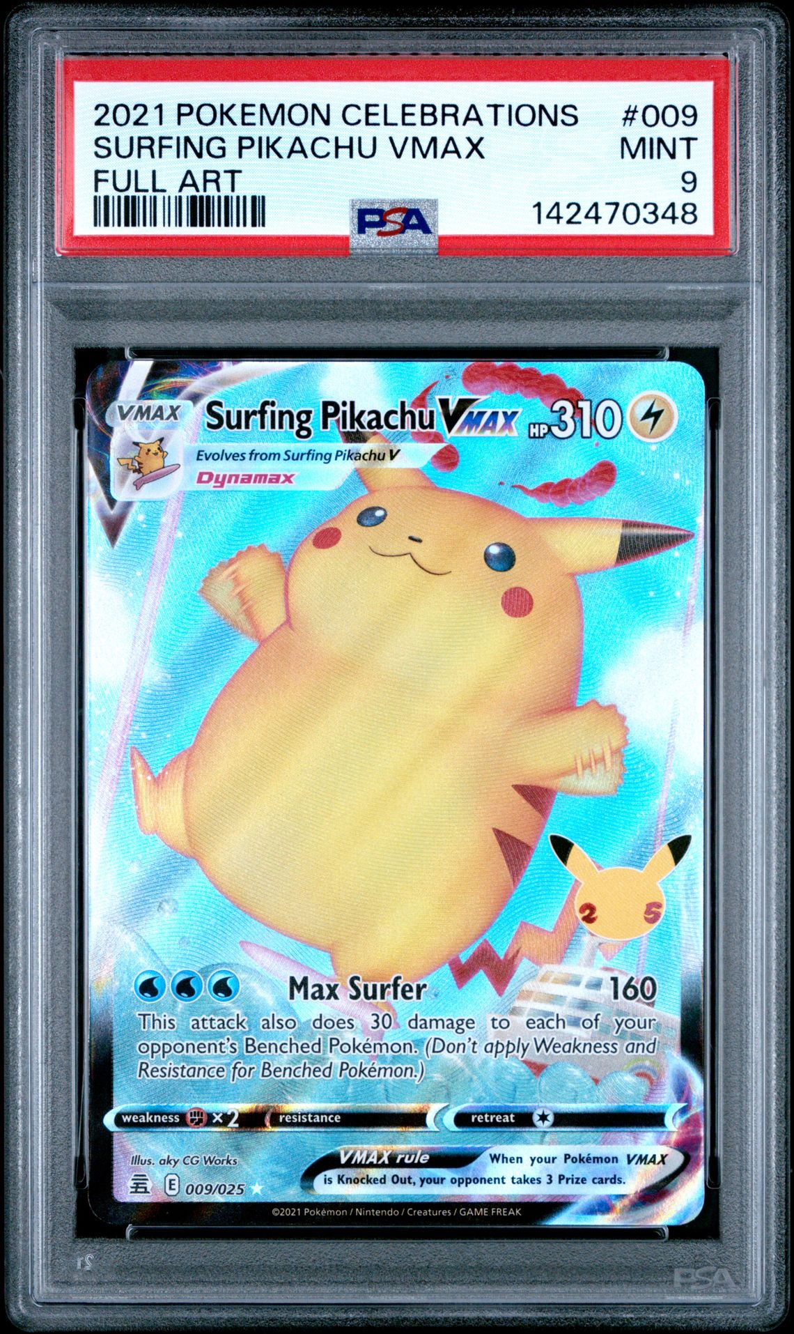 2021 Pokemon Celebrations Surfing Pikachu Vmax #009 (Full Art) Mint 9 front