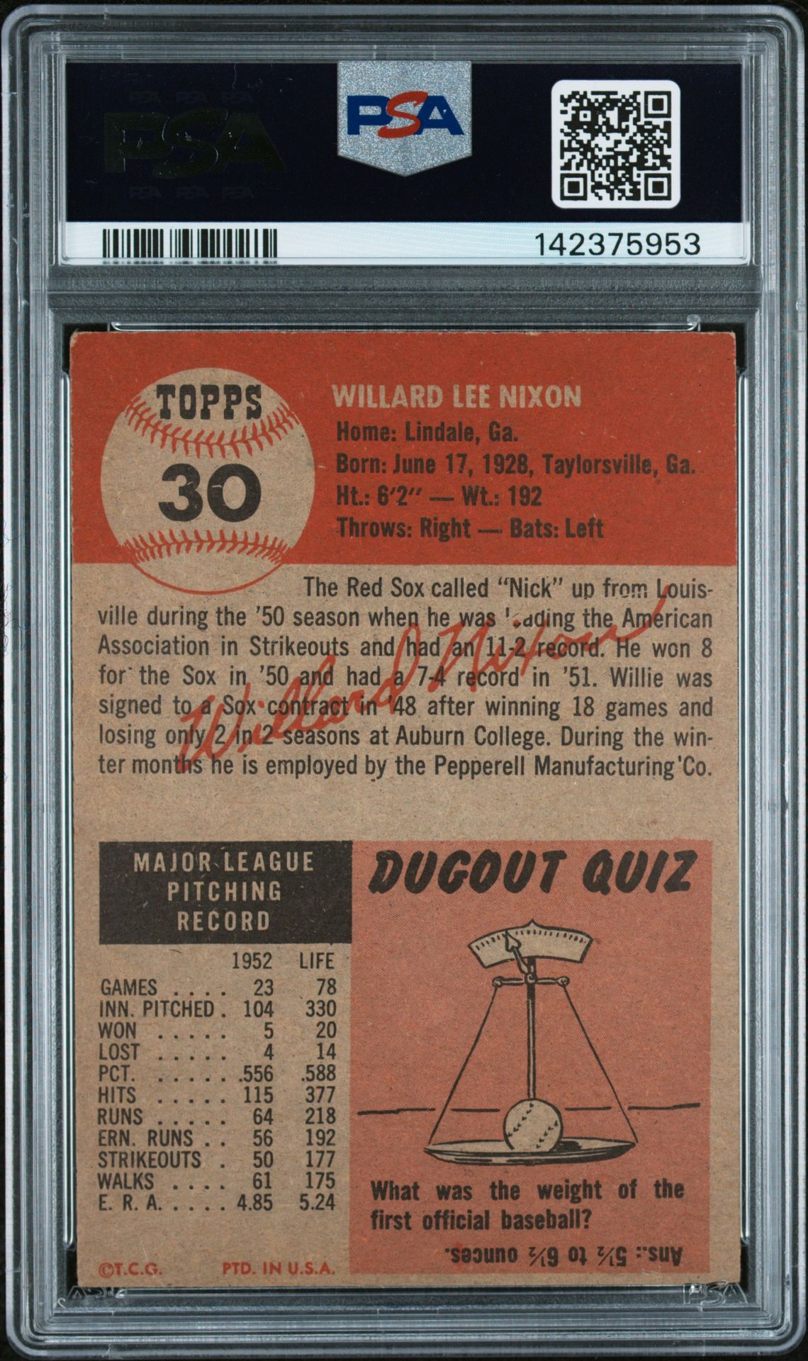 1953 Topps Willard Nixon #30 Vg 3 back