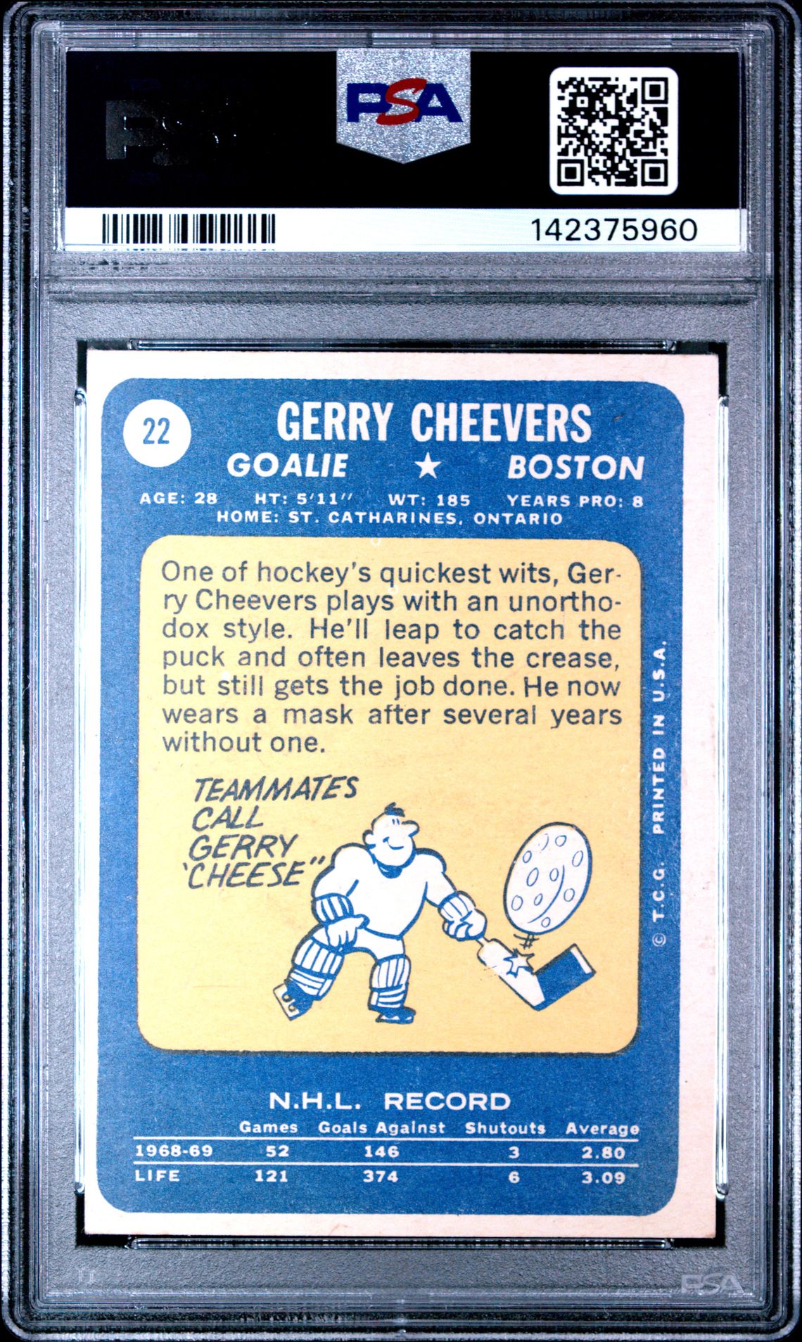 1969 Topps Gerry Cheevers #22 Ex 5 back
