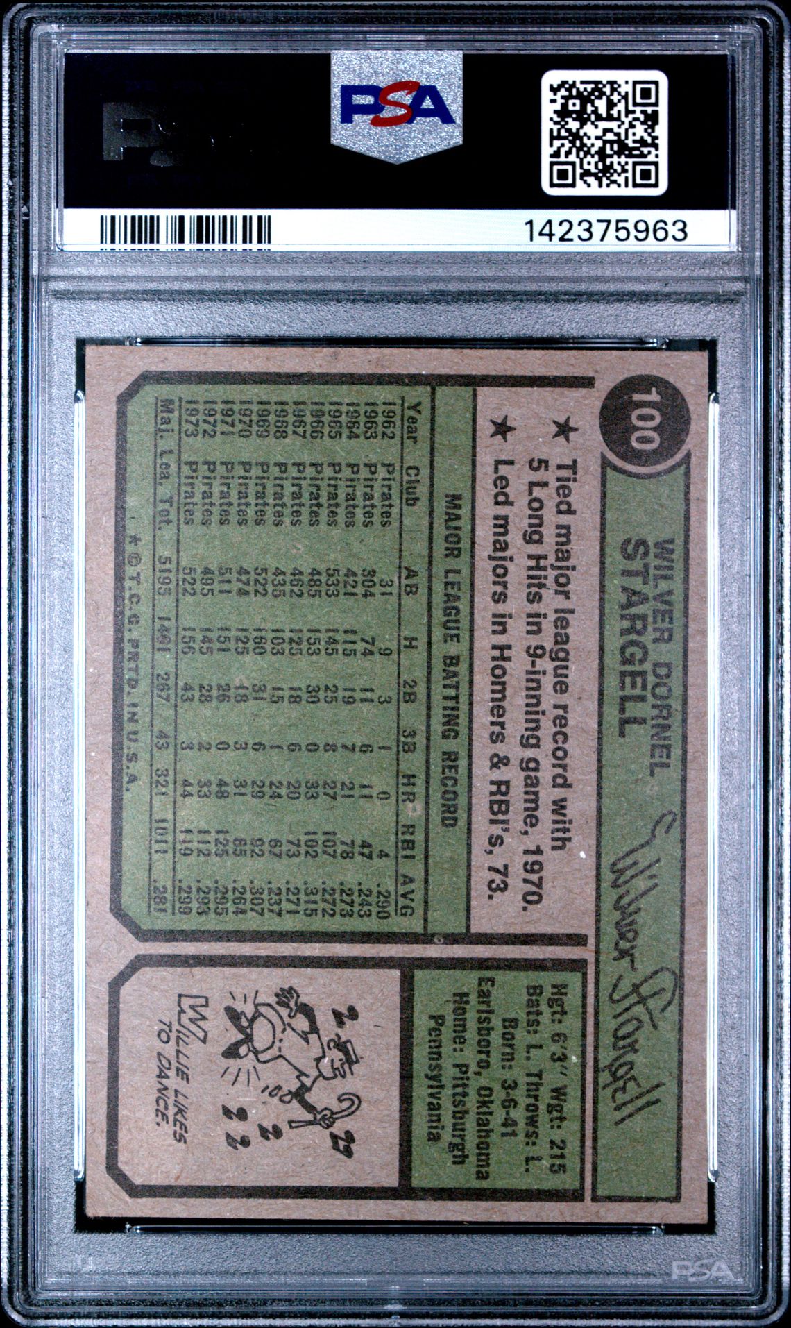 1974 Topps Willie Stargell #100 Ex-Mt 6 back