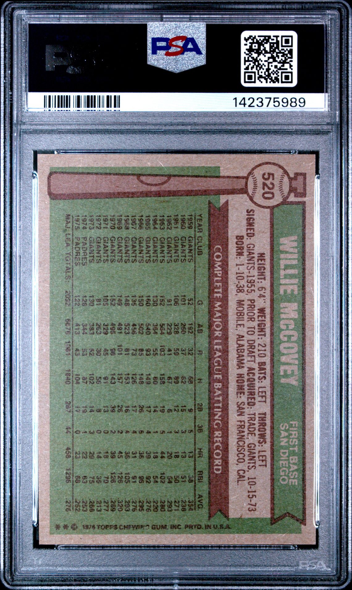 1976 Topps Willie Mccovey #520 Nm-Mt 8 back