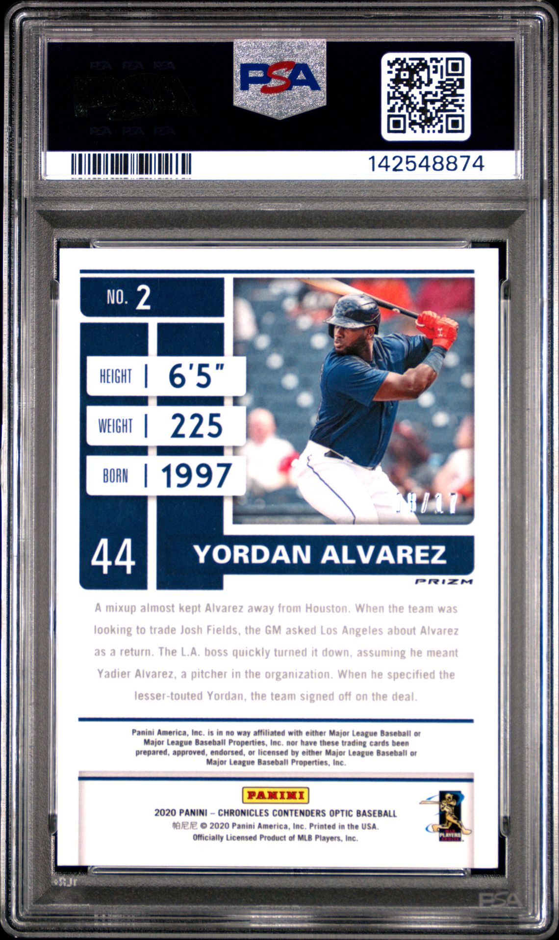 2020 Panini Chronicles Contenders Optic Yordan Alvarez #2 (Cont.optic-Neon Orange) Mint 9 back