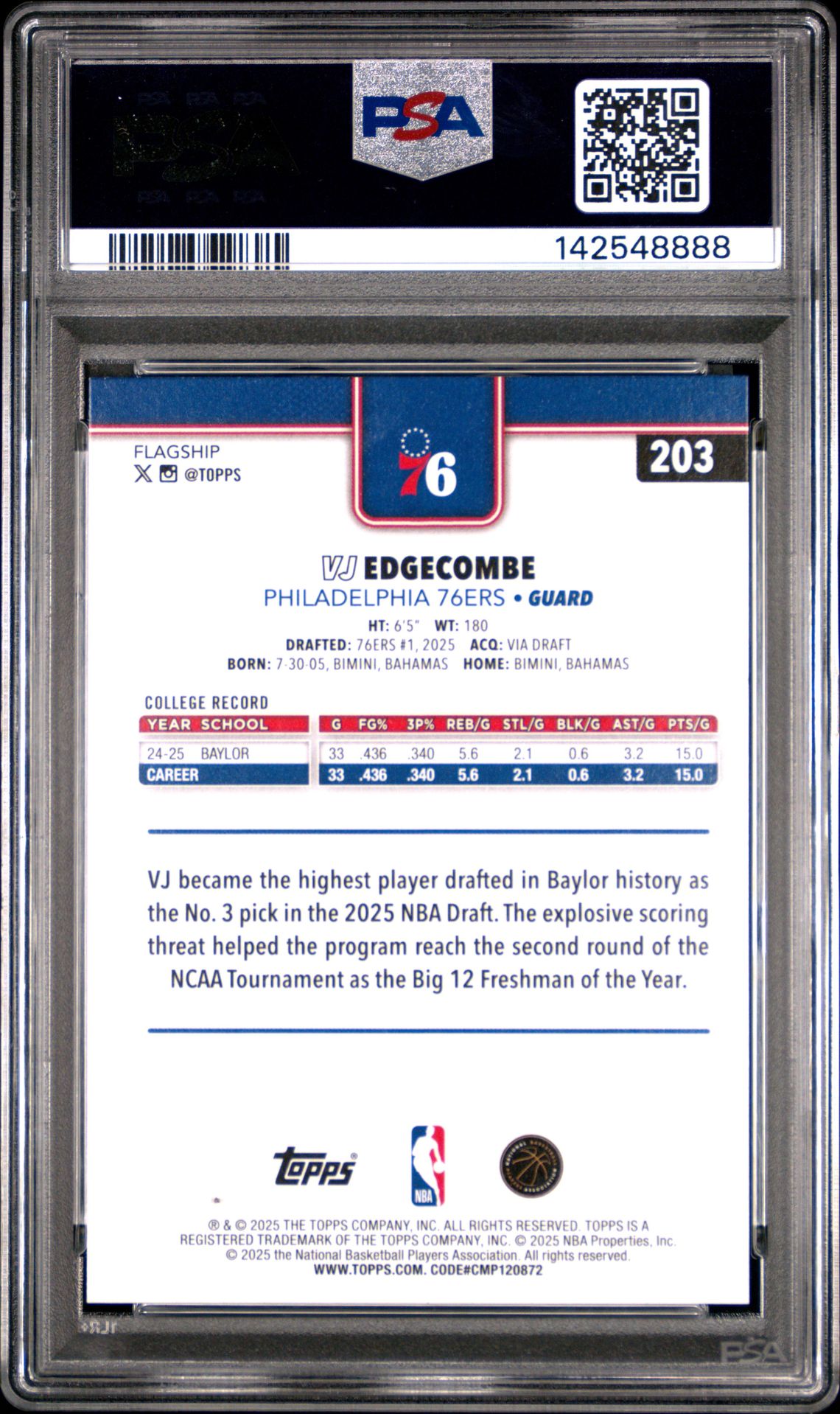 2025 Topps Vj Edgecombe #203 Gem Mt 10 back