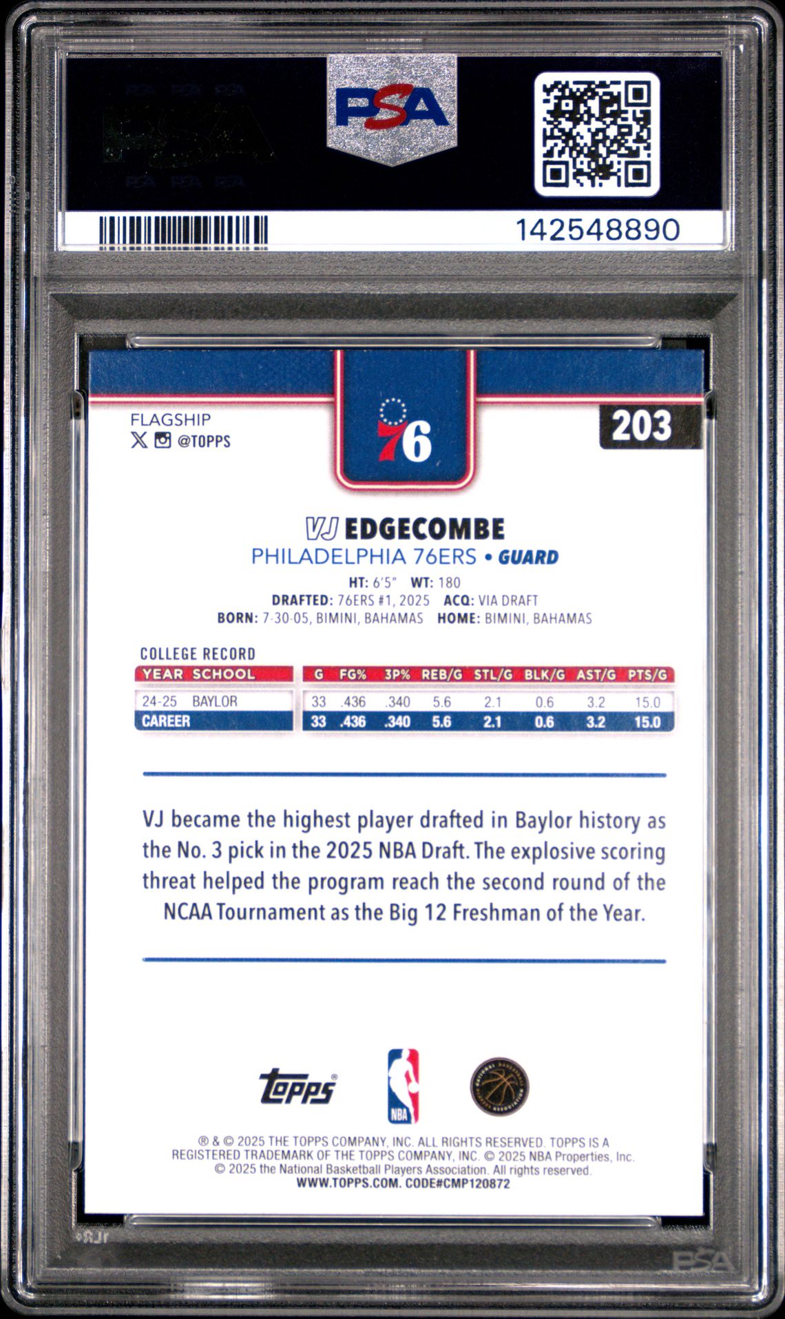 2025 Topps Vj Edgecombe #203 Gem Mt 10 back