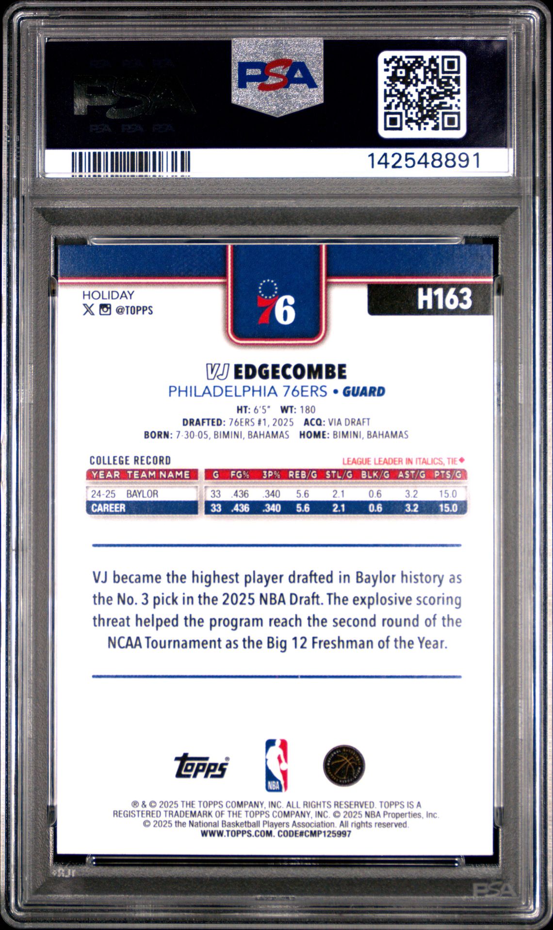 2025 Topps Holiday Vj Edgecombe #H163 Gem Mt 10 back