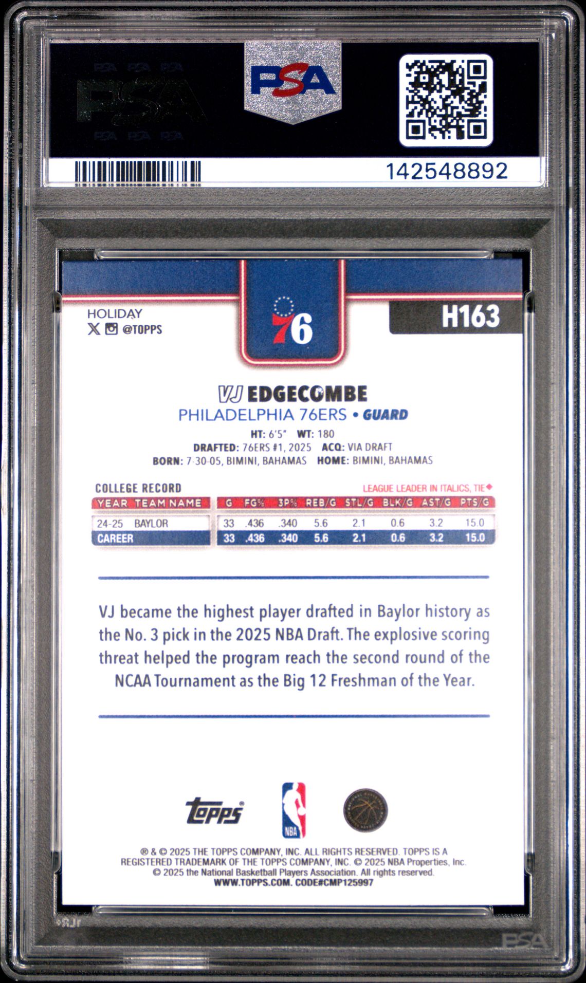 2025 Topps Holiday Vj Edgecombe #H163 Mint 9 back