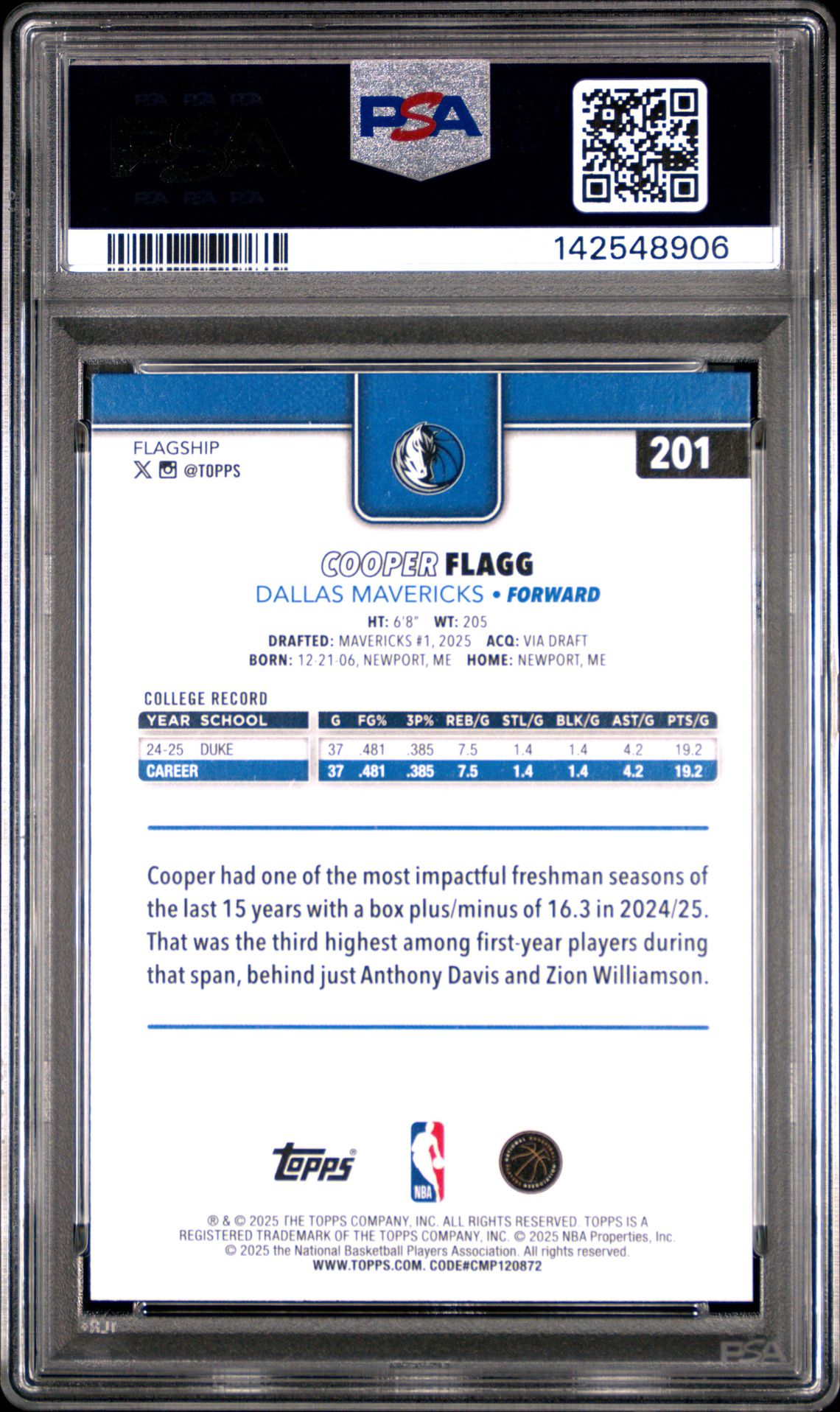 2025 Topps Cooper Flagg #201 Mint 9 back