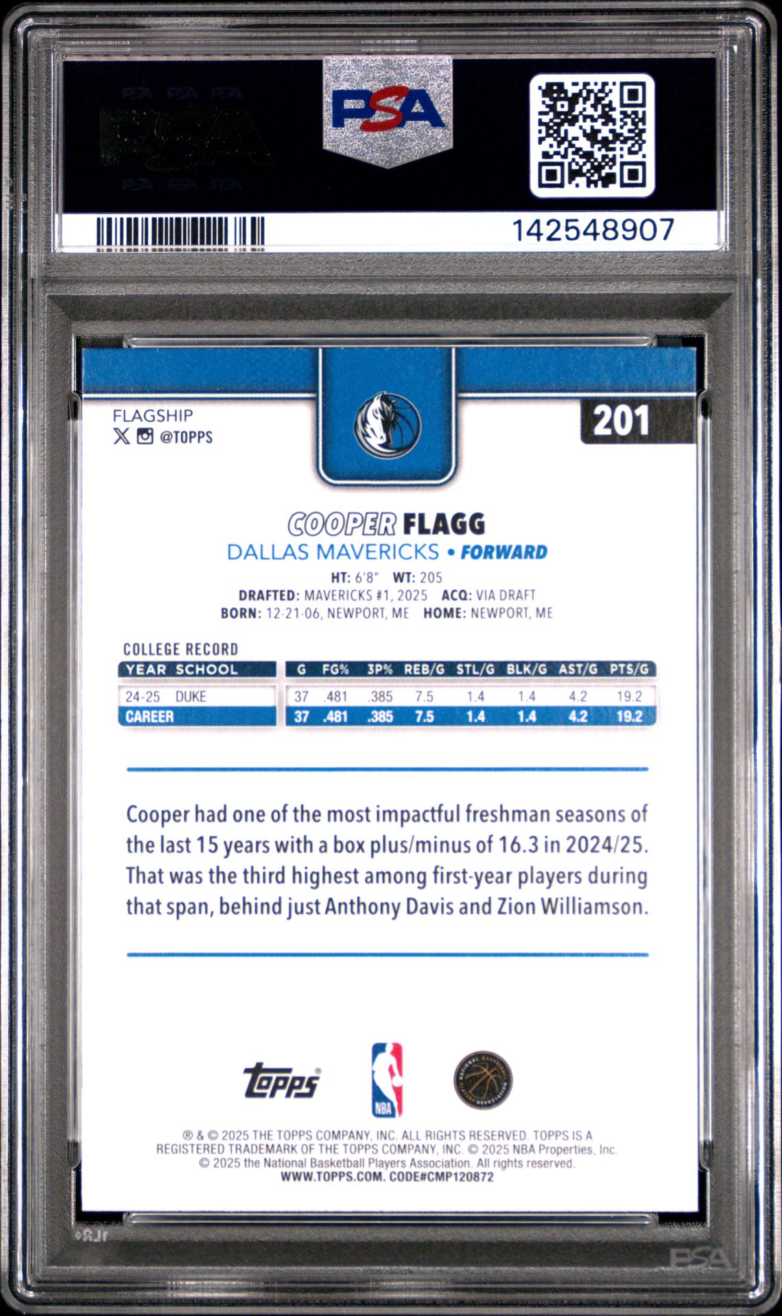2025 Topps Cooper Flagg #201 Mint 9 back