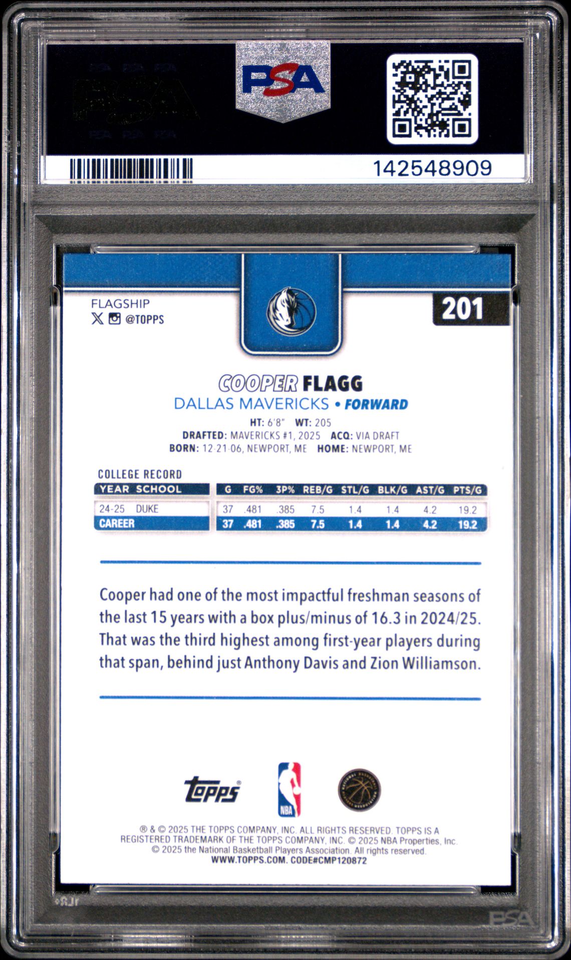 2025 Topps Cooper Flagg #201 Gem Mt 10 back