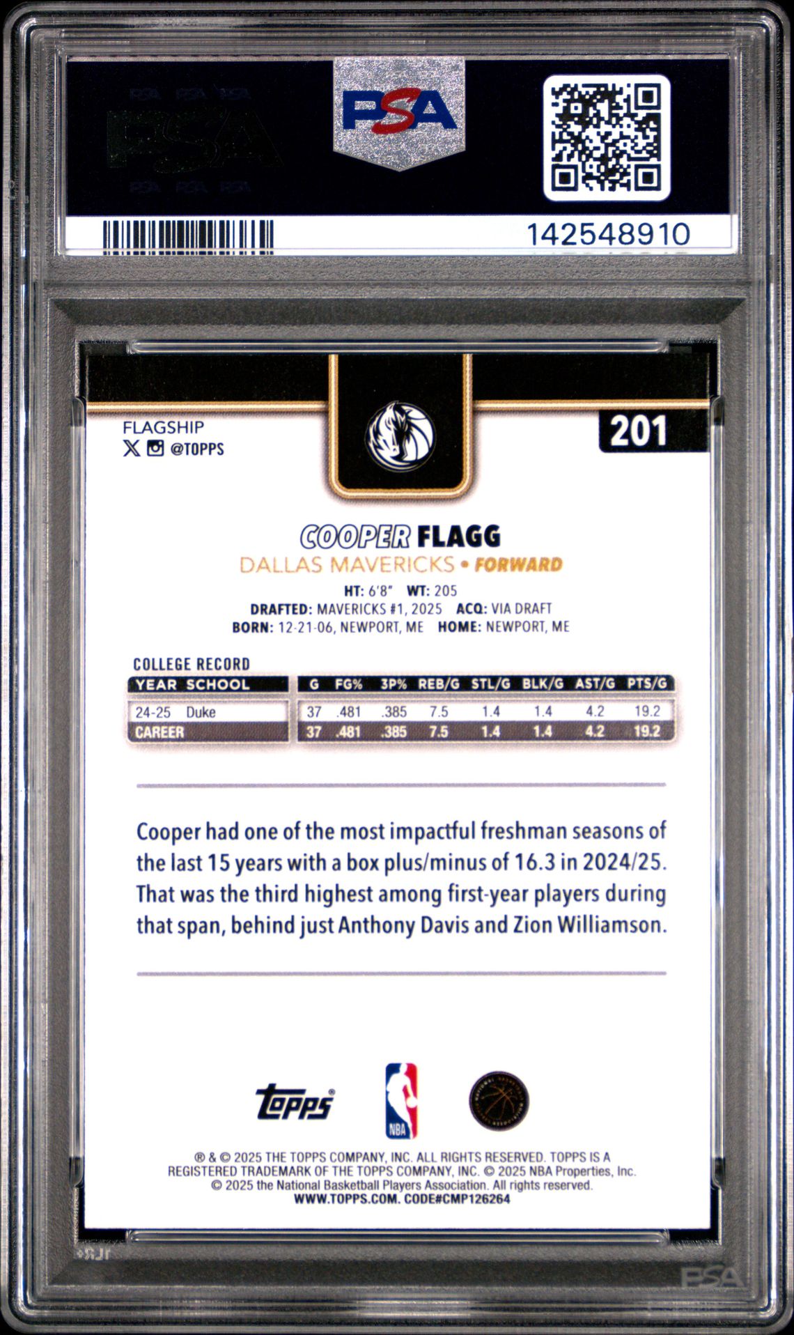2025 Topps Cooper Flagg #201 (Blackout) Gem Mt 10 back