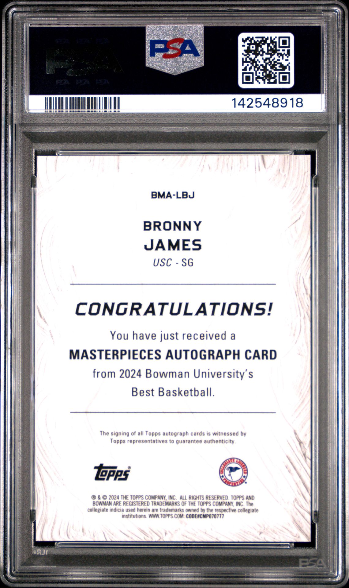 2023 Bowman University Best Bowman Masterpieces Autographs Bronny James #Bmalbj Gem Mt 10 back