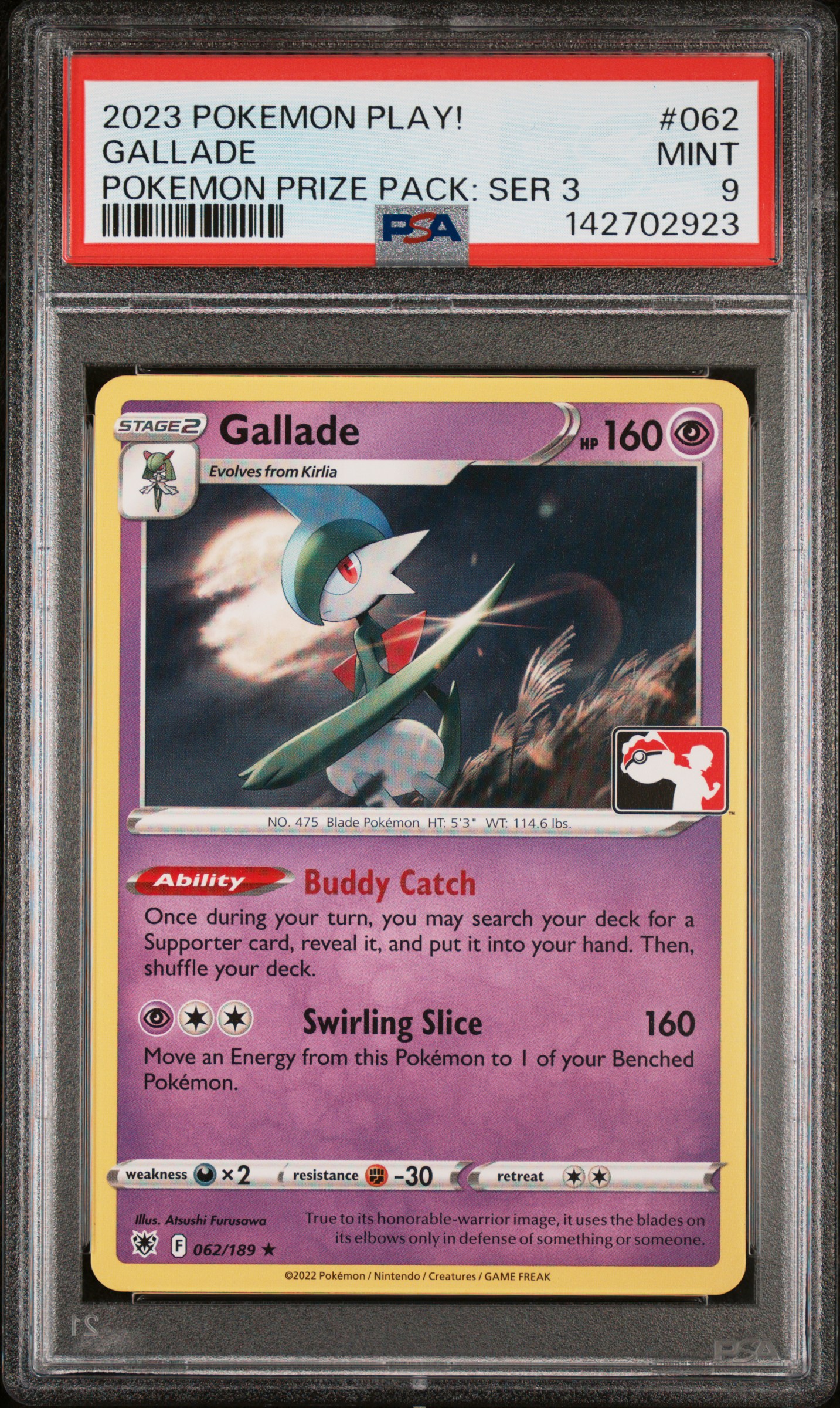 2023 #062 Gallade PSA 9 Play! Prize Pack: Series 3 Pokemon