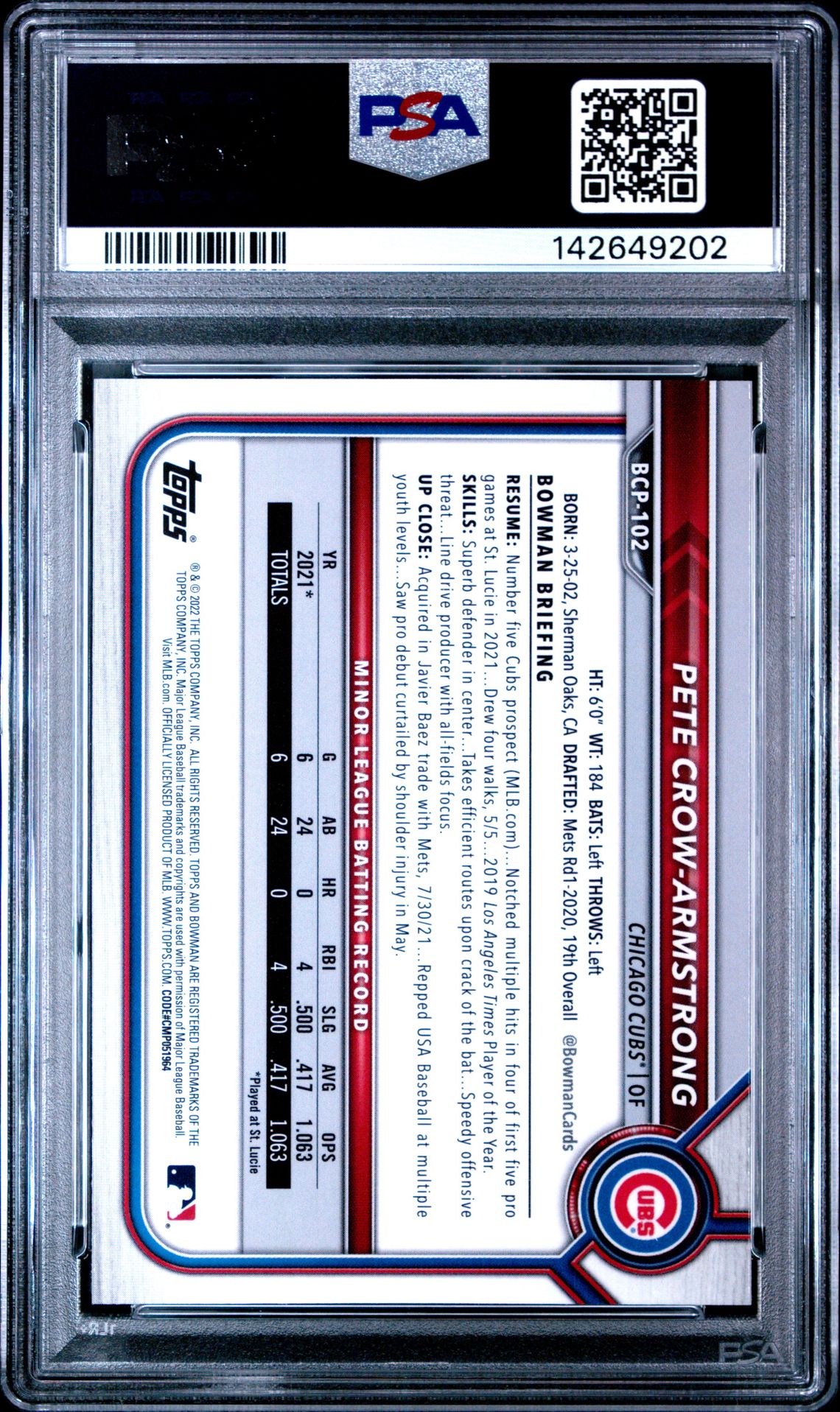 2022 Bowman Sapphire Edition Chrome Prospects Pete Crow-Armstrong #Bcp102 (Chrome Prospects) Nm 7 back