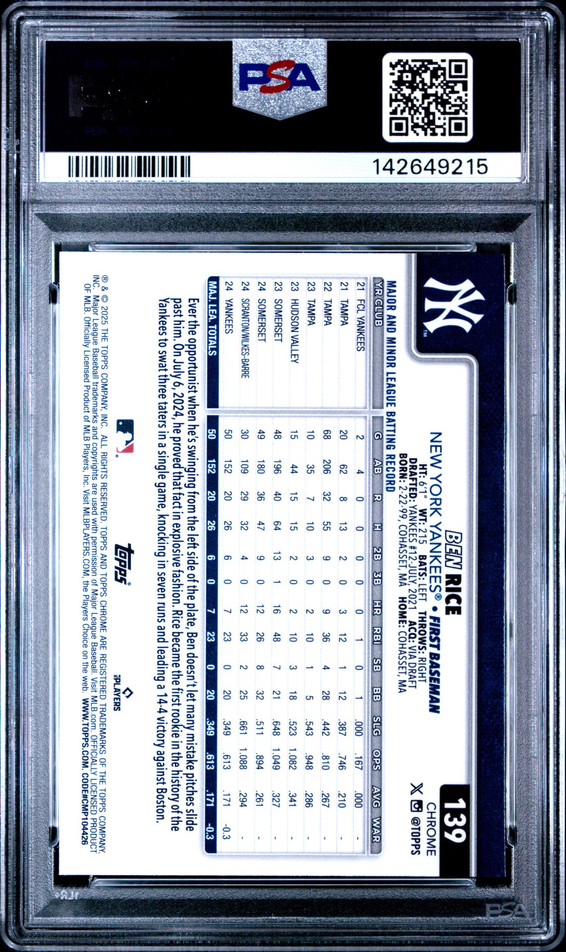2025 Topps Chrome Ben Rice #139 (Topps Refractor) Nm-Mt 8 back