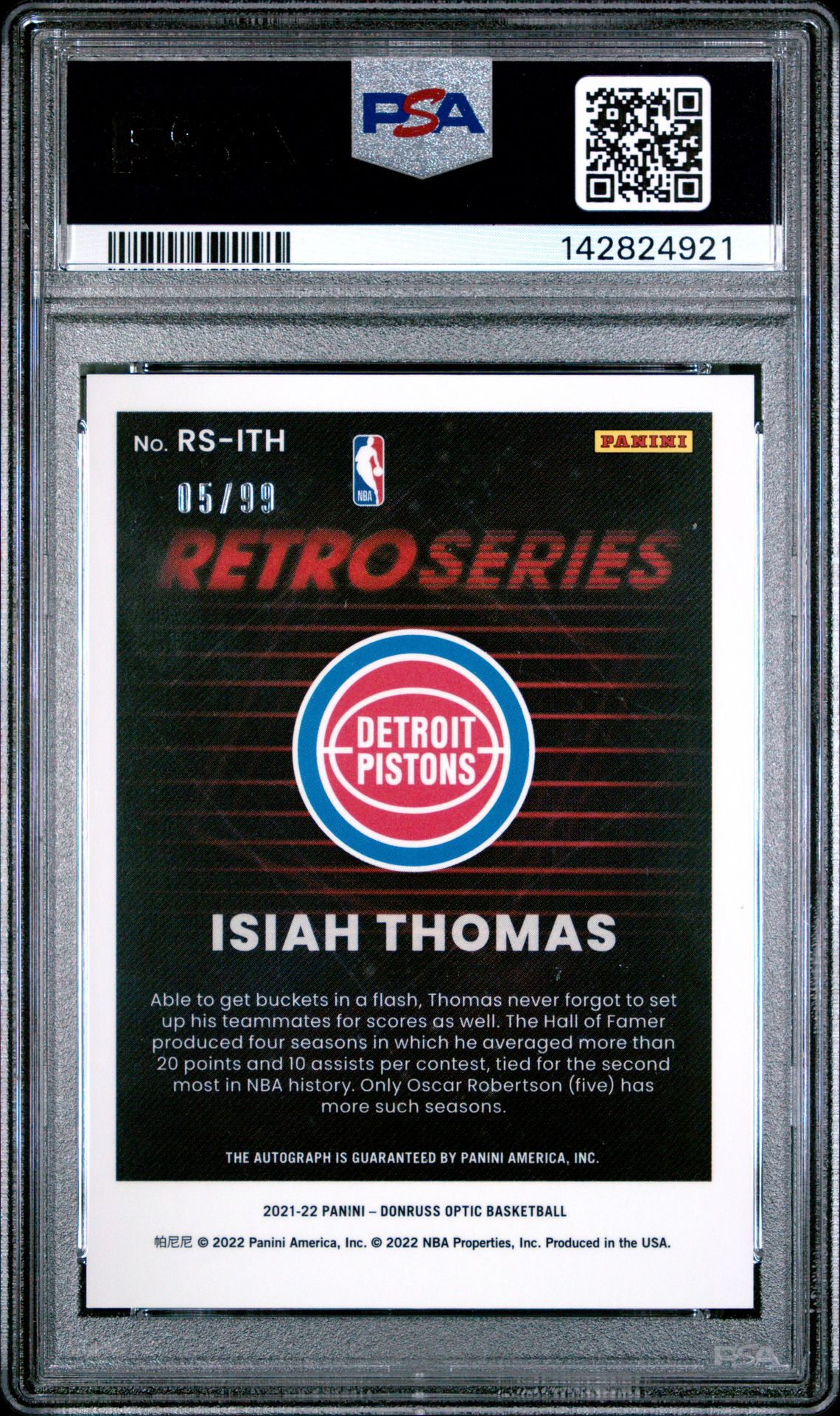 2021 PANINI DONRUSS OPTIC RETRO SERIES SIGNATURES ISIAH THOMAS RETRO SERIES SIGNATURES RSITH GEM MT 10 back