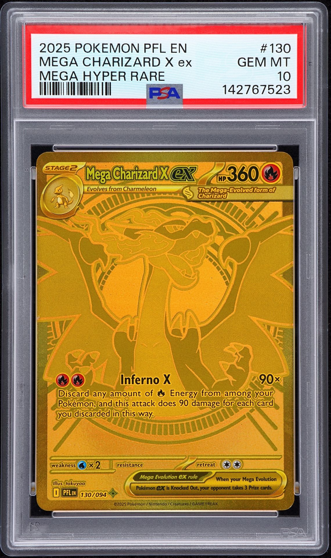 2025 Pokemon Pfl En-Phantasmal Flames Mega Charizard X Ex #130 (Mega Hyper Rare) Gem Mt 10 front