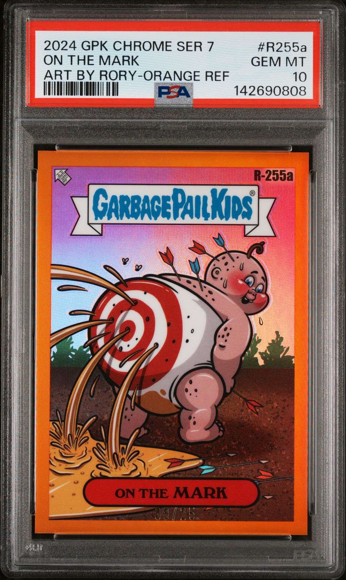 2024 Topps TOPPS CHROME GARBAGE PAIL KIDS ORIGINAL SERIES 7 ART BY RORY Orange Refractor #R255A On The Mark front