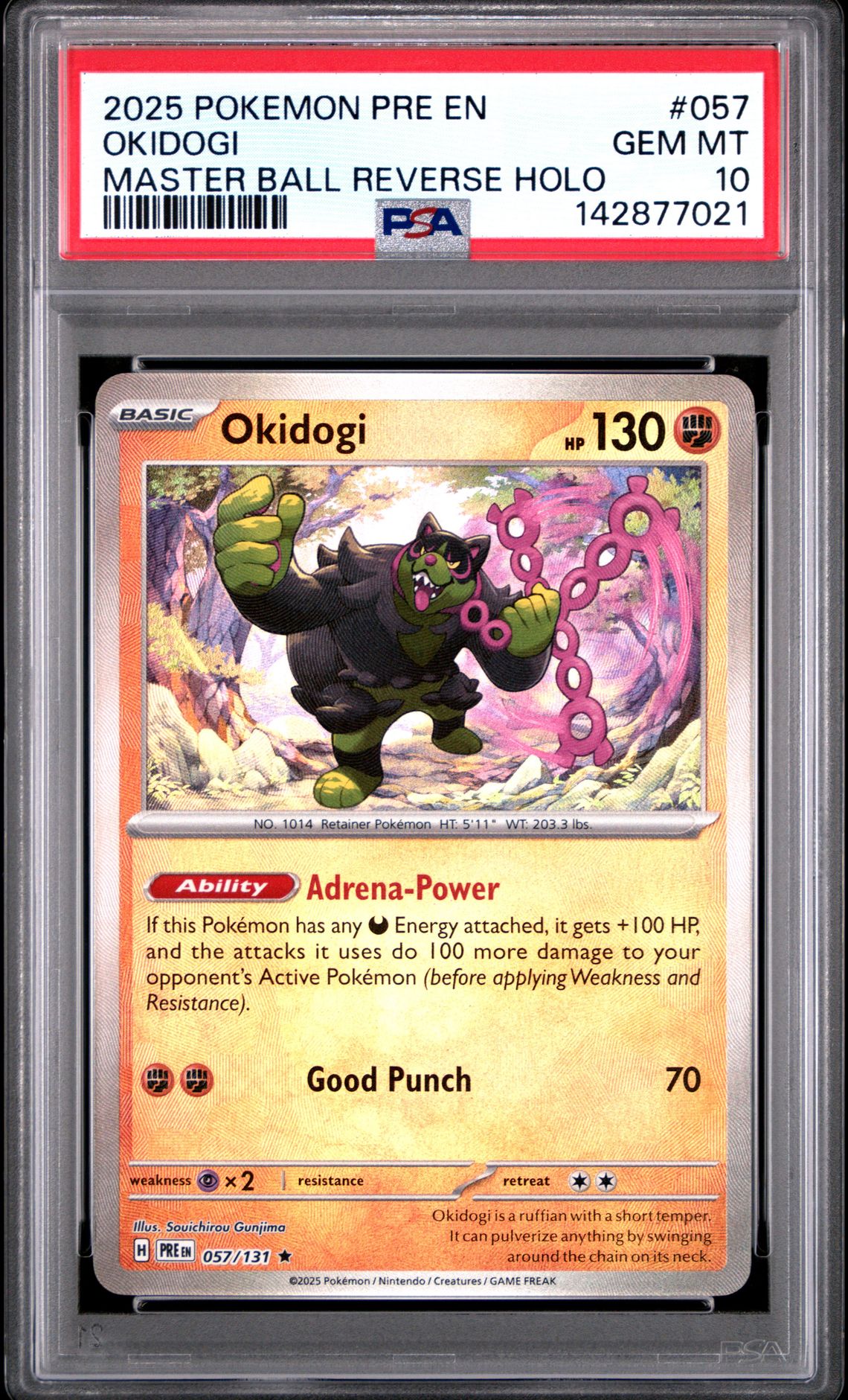 2025 Pokemon POKEMON PRE EN-PRISMATIC EVOLUTIONS MASTER BALL REVERSE HOLO #057 Okidogi front