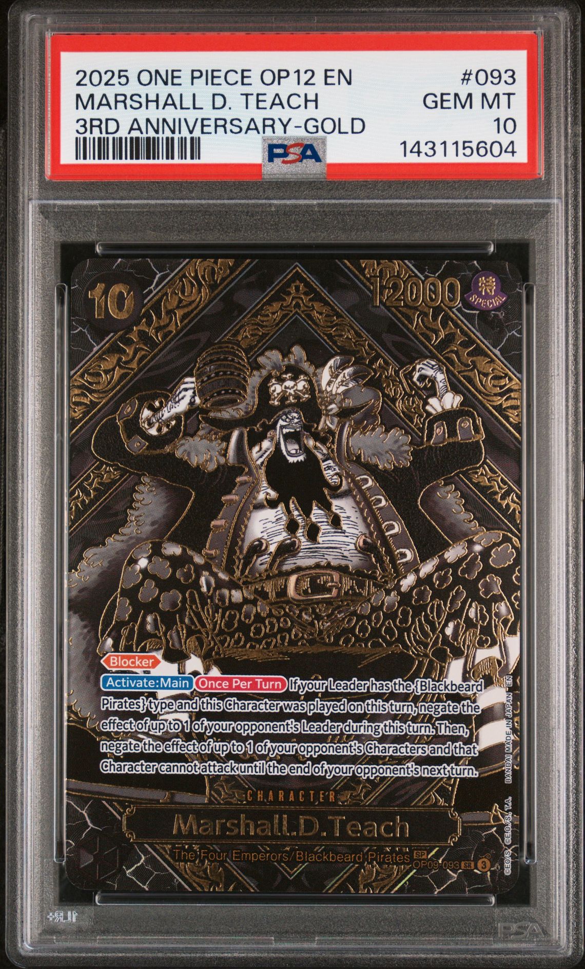 2025 One Piece Op12-Legacy Of The Master Marshall D. Teach #093 (3Rd Anniversary-Gold) Gem Mt 10 front