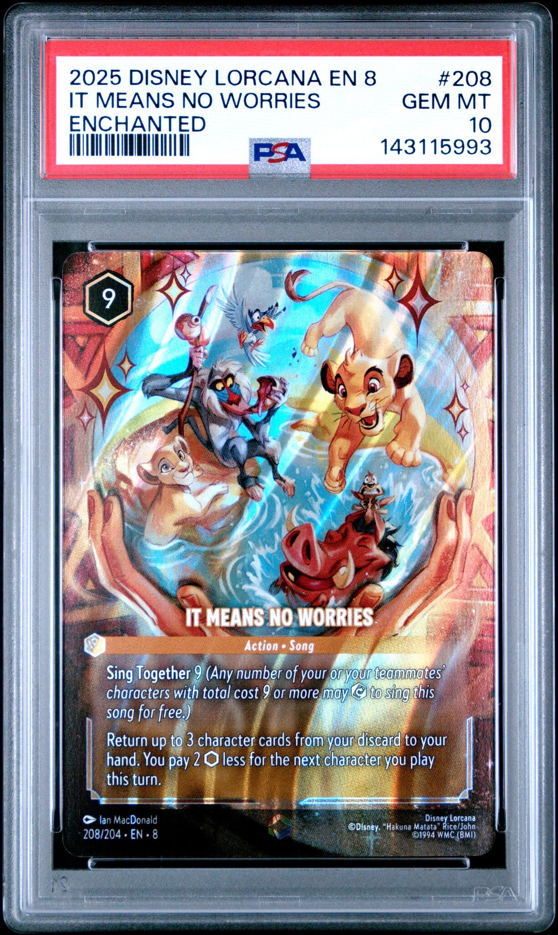 2025 Disney Lorcana En 8-Reign Of Jafar It Means No Worries #208 (Enchanted) Gem Mt 10 front