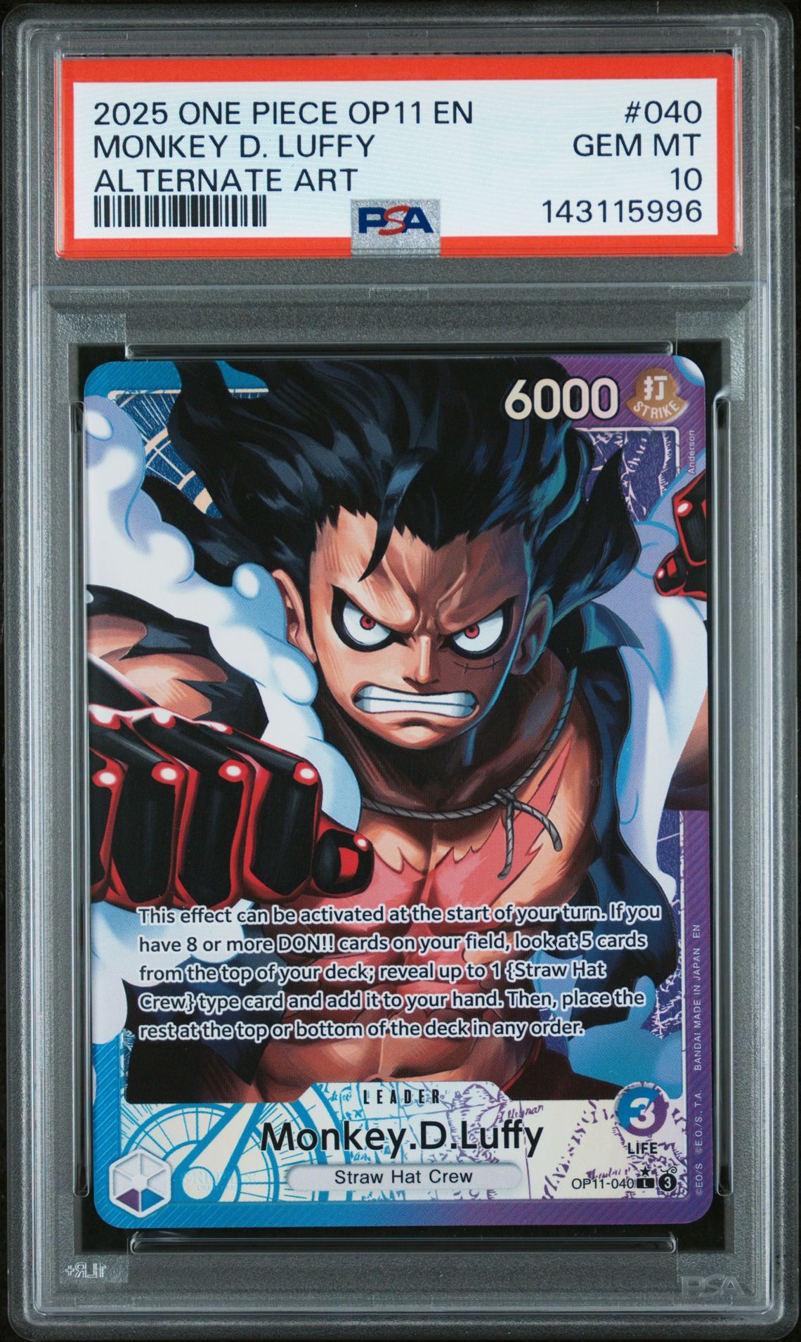 2025 One Piece Op11-A Fist Of Divine Speed Monkey D. Luffy #040 (Alternate Art) Gem Mt 10 front