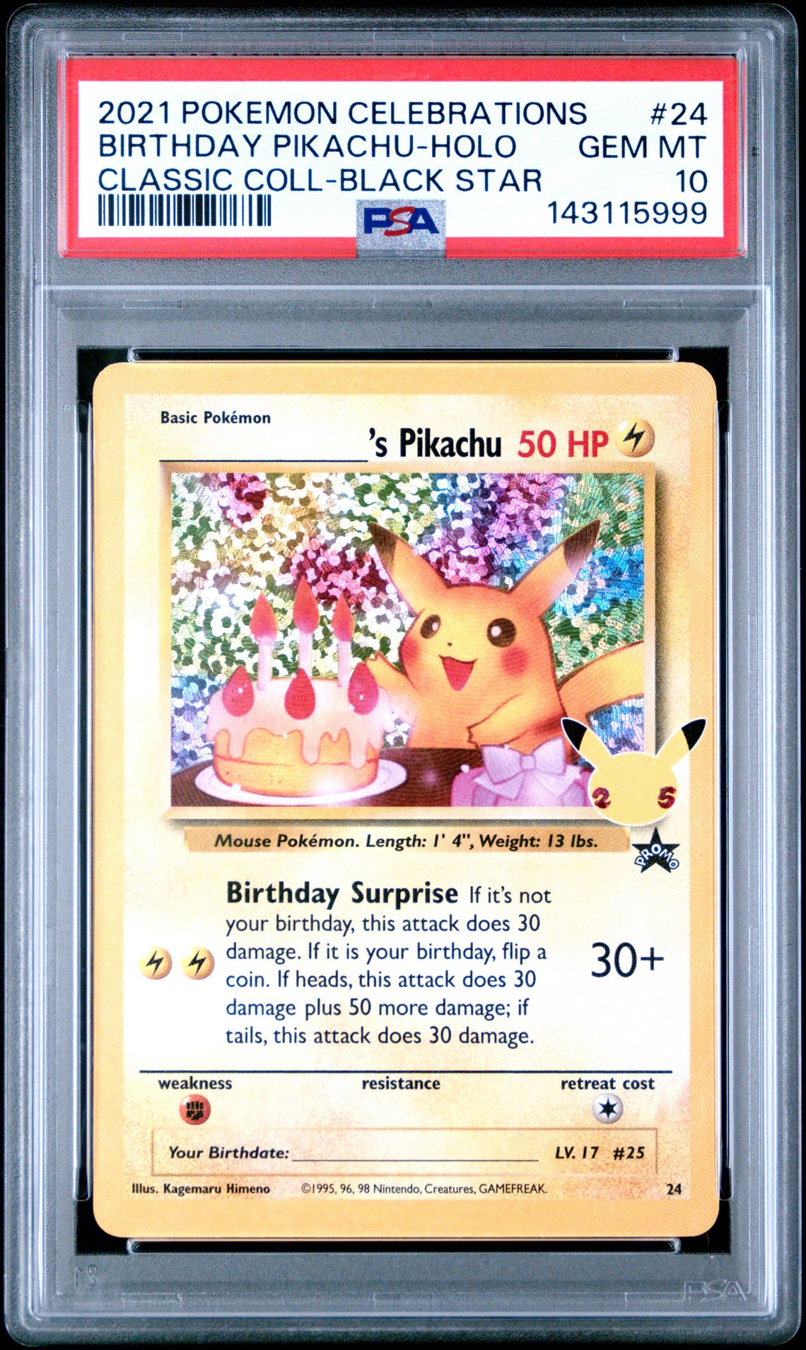 2021 Pokemon Celebrations Classic Collection Birthday Pikachu-Holo #24 (Classic Coll-Black Star) Gem Mt 10 front