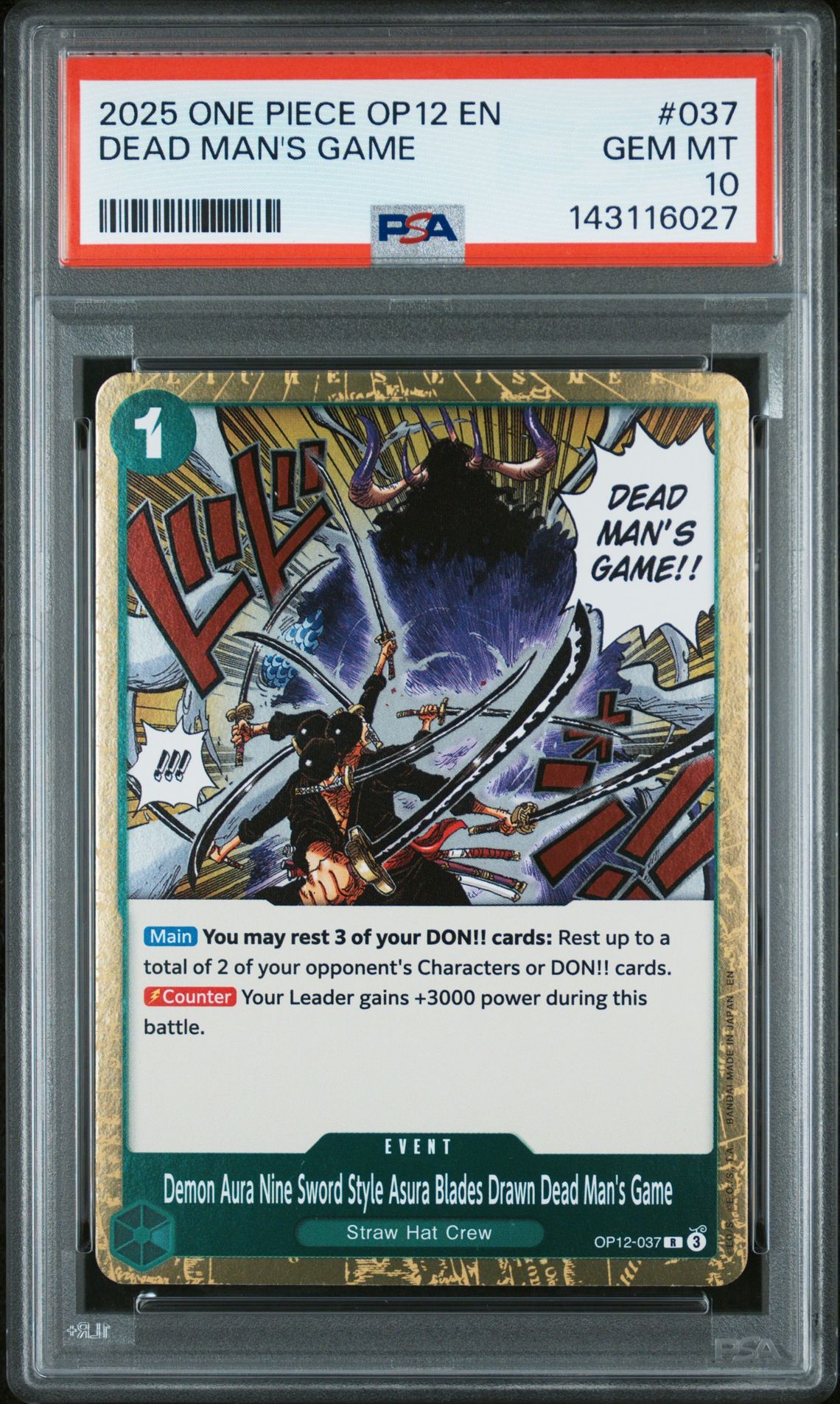 2025 One Piece Op12-Legacy Of The Master Dead Man's Game #037 Gem Mt 10 front