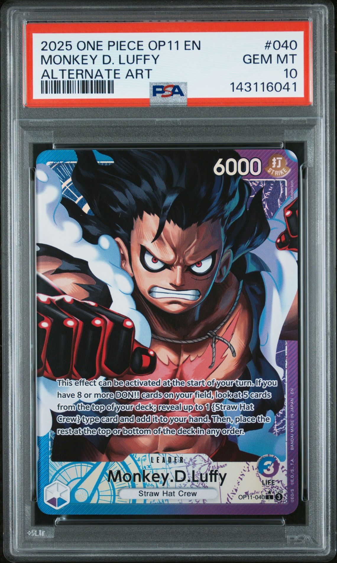 2025 One Piece Op11-A Fist Of Divine Speed Monkey D. Luffy #040 (Alternate Art) Gem Mt 10 front