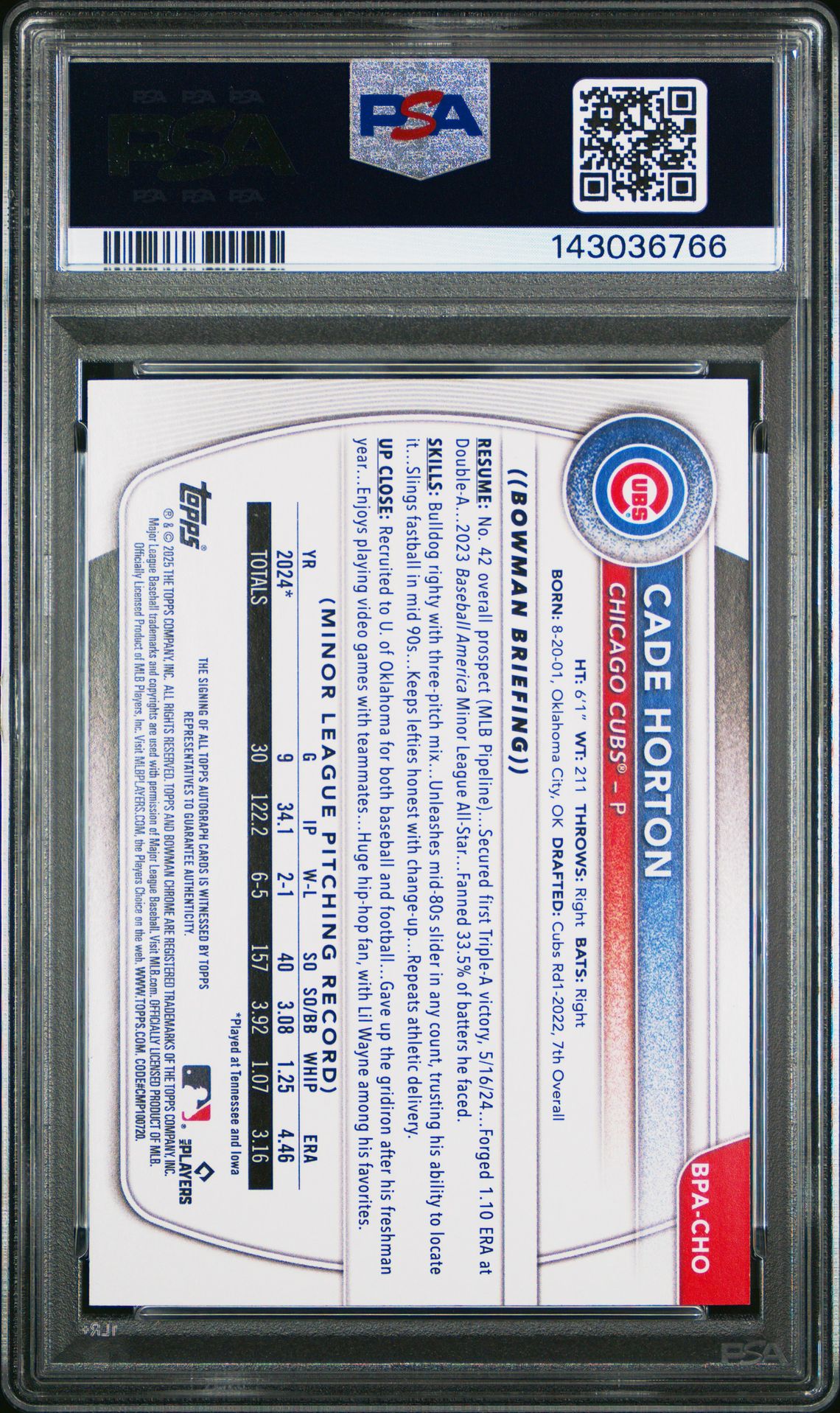 2025 Bowman Bowman Prospect Autographs Cade Horton #Bpacho Mint 9 back