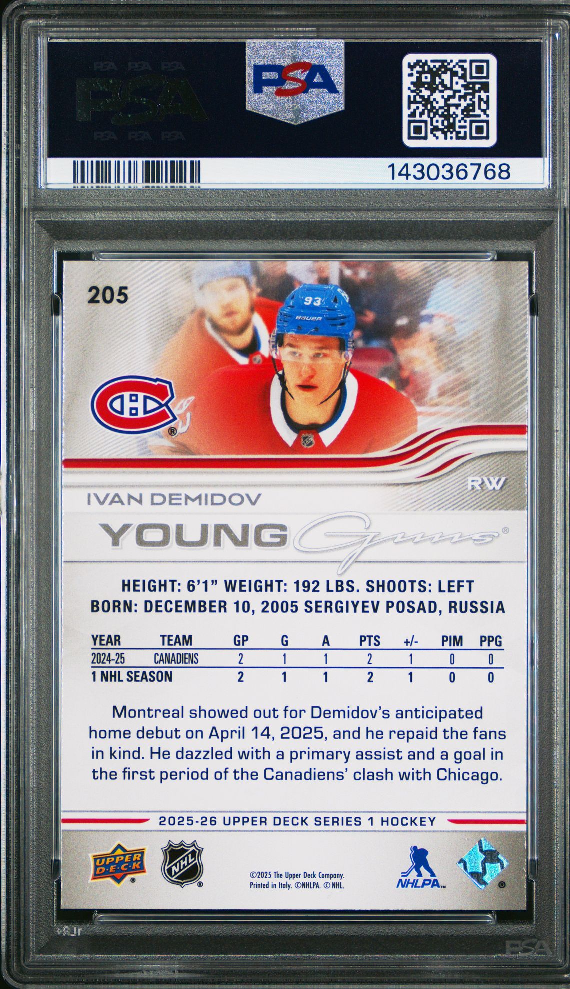 2025 Upper Deck Ivan Demidov #205 Gem Mt 10 back